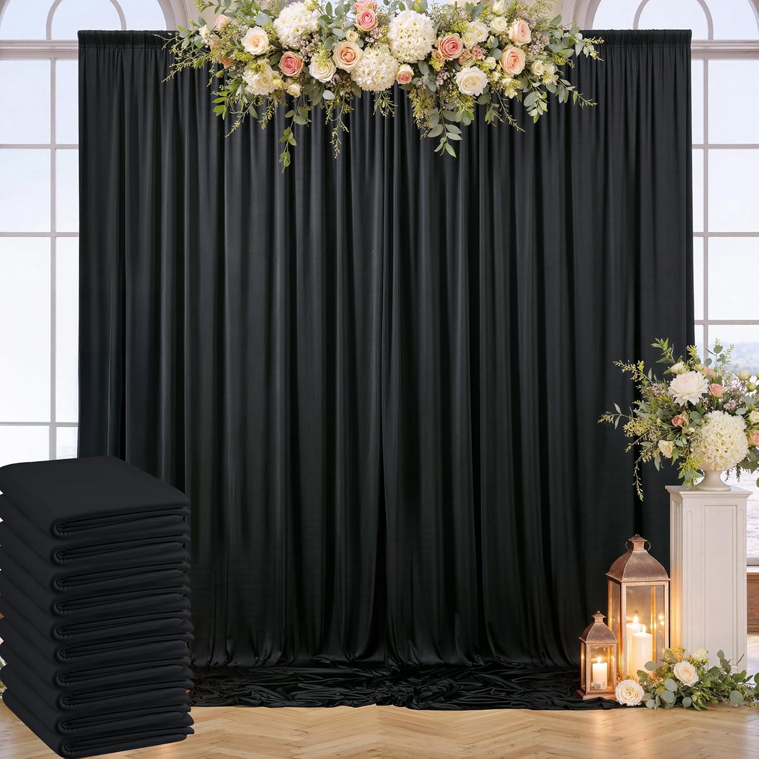 50ft x 10ft Wrinkle Free Black Backdrop Curtain for Parties, 10 Panels Silky Polyester Black Weddings Drapes for Backdrop 10 ft Photo Back Drop Cloth for Birthday Graduation Photography Background
