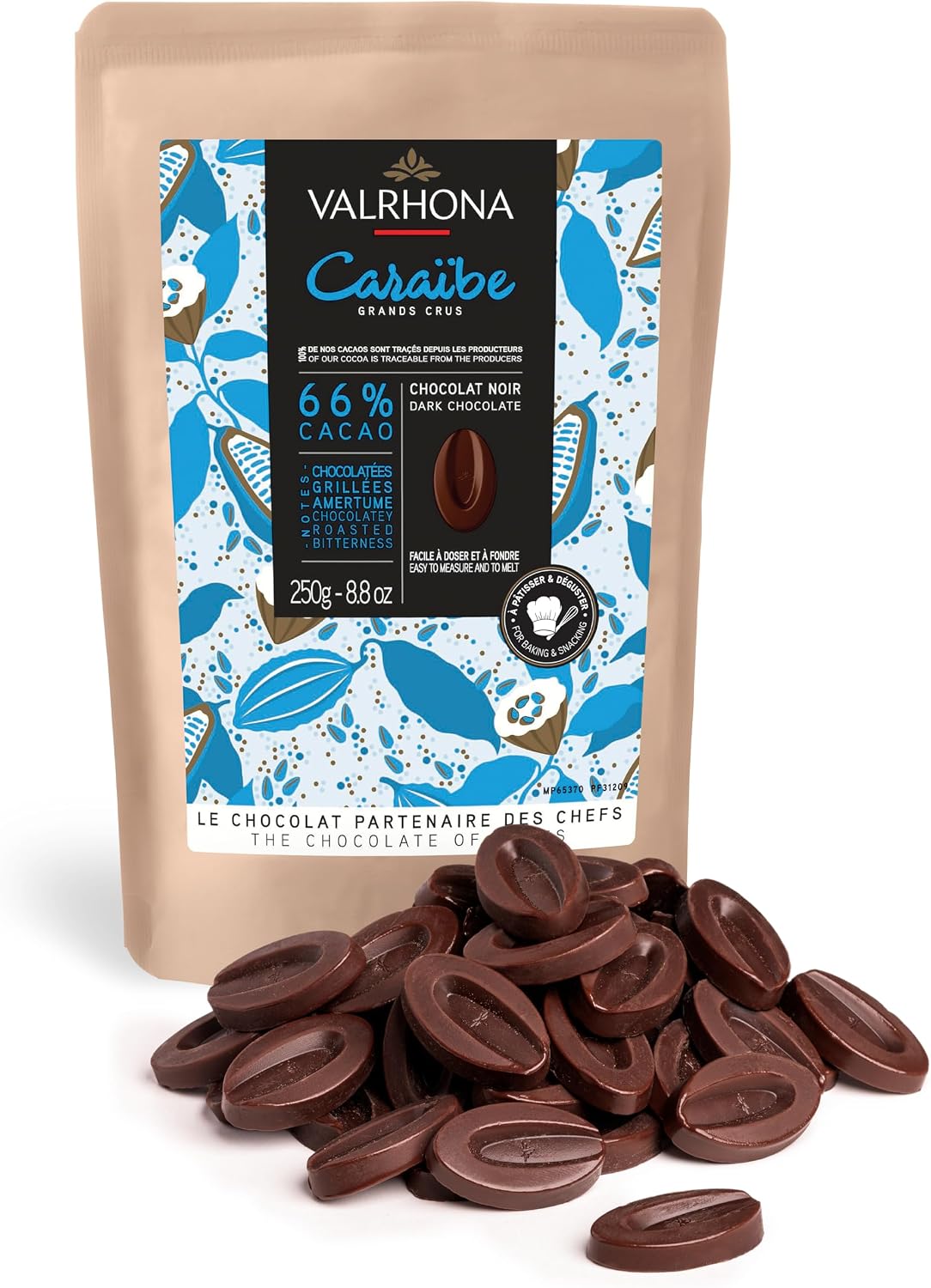 Valrhona Dark French Semisweet Chocolate Discs for Baking (Feves). Premium CARAÏBE 66% Cacao Grand Cru Blend. Better than Chocolate Chips, Perfect For Cookies, Cakes, Mousses, Frostings, Hot Chocolate