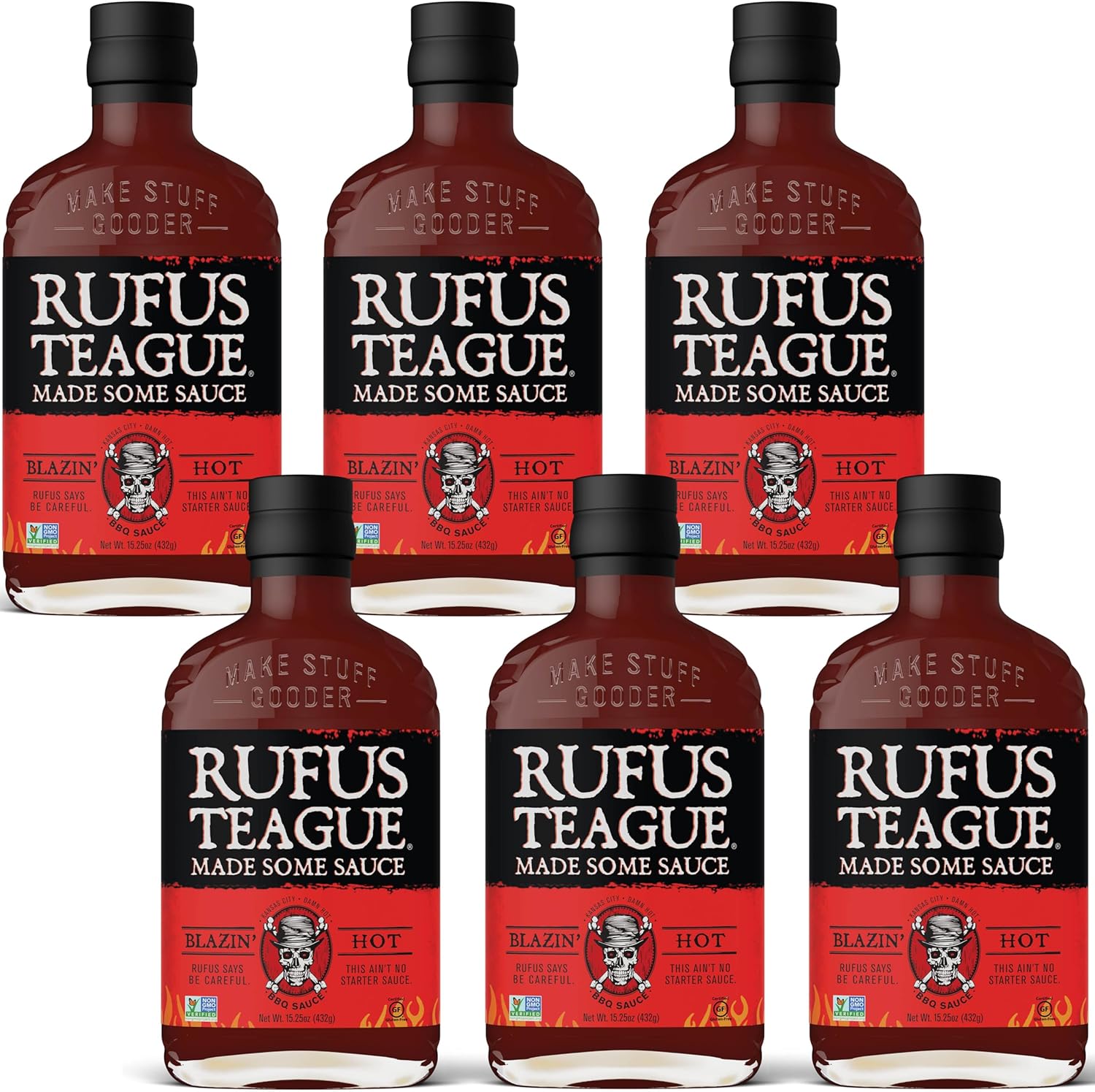 Rufus Teague Blazin' Hot BBQ Sauce, 6 Pack, Premium Barbecue Sauces with Natural Ingredients, Award-Winning Bold Flavor, Gluten-Free, Non-GMO, 15.25 oz