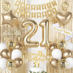 HILAVO 21st Birthday Decorations for Her, Champagne Gold Happy 21st Birthday Decorations with 21 Years Old Sash, Crown, Fringe Curtains, Balloons, Banner, Cake Topper for Women 21 Bday Party Supplies