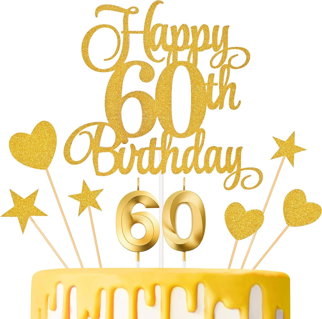 60th Birthday Cake Toppers, 60th Birthday Candles Numeral Candles and Glitter Cake Decorations Toppers Set for Party Supplies (Gold)