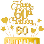 60th Birthday Cake Toppers, 60th Birthday Candles Numeral Candles and Glitter Cake Decorations Toppers Set for Party Supplies (Gold)