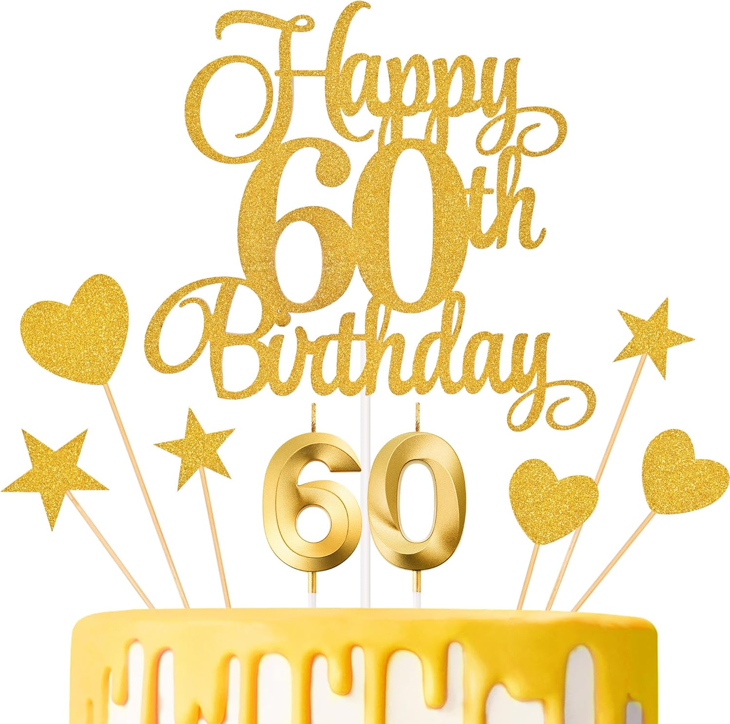 60th Birthday Cake Toppers, 60th Birthday Candles Numeral Candles and Glitter Cake Decorations Toppers Set for Party Supplies (Gold)