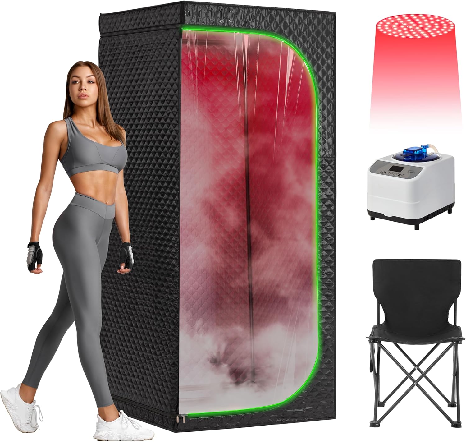 Portable Full-Body Steam Sauna Tent for Home – Large Indoor Personal Sauna with 9 Heat Levels, 3L Steamer, Remote, Foldable Chair and Transparent Window (Red Light Version, Black)