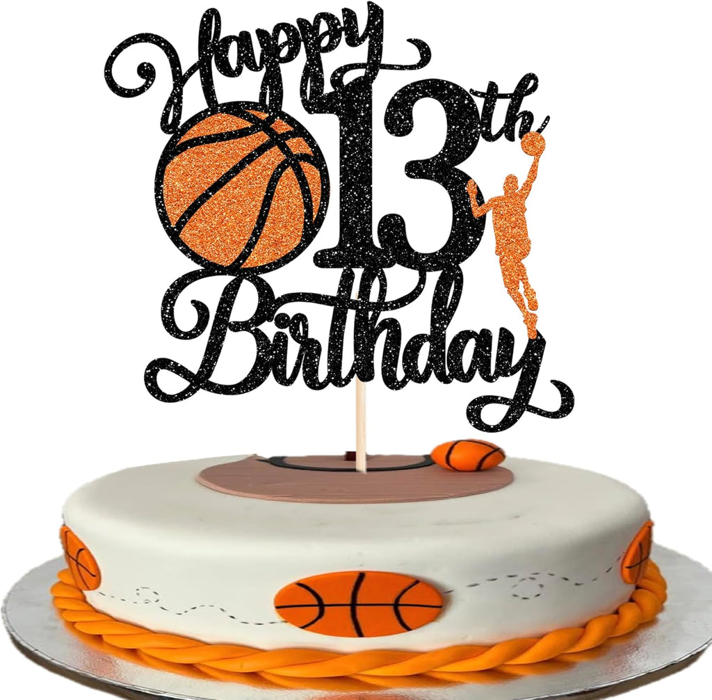 Rsstarxi 1 Pack Happy 13th Birthday Cake Topper Black Glitter Basketball Sports Cake Pick Cheers to 13 Years Cake Decorations for Basketball Theme Birthday Party Supplies
