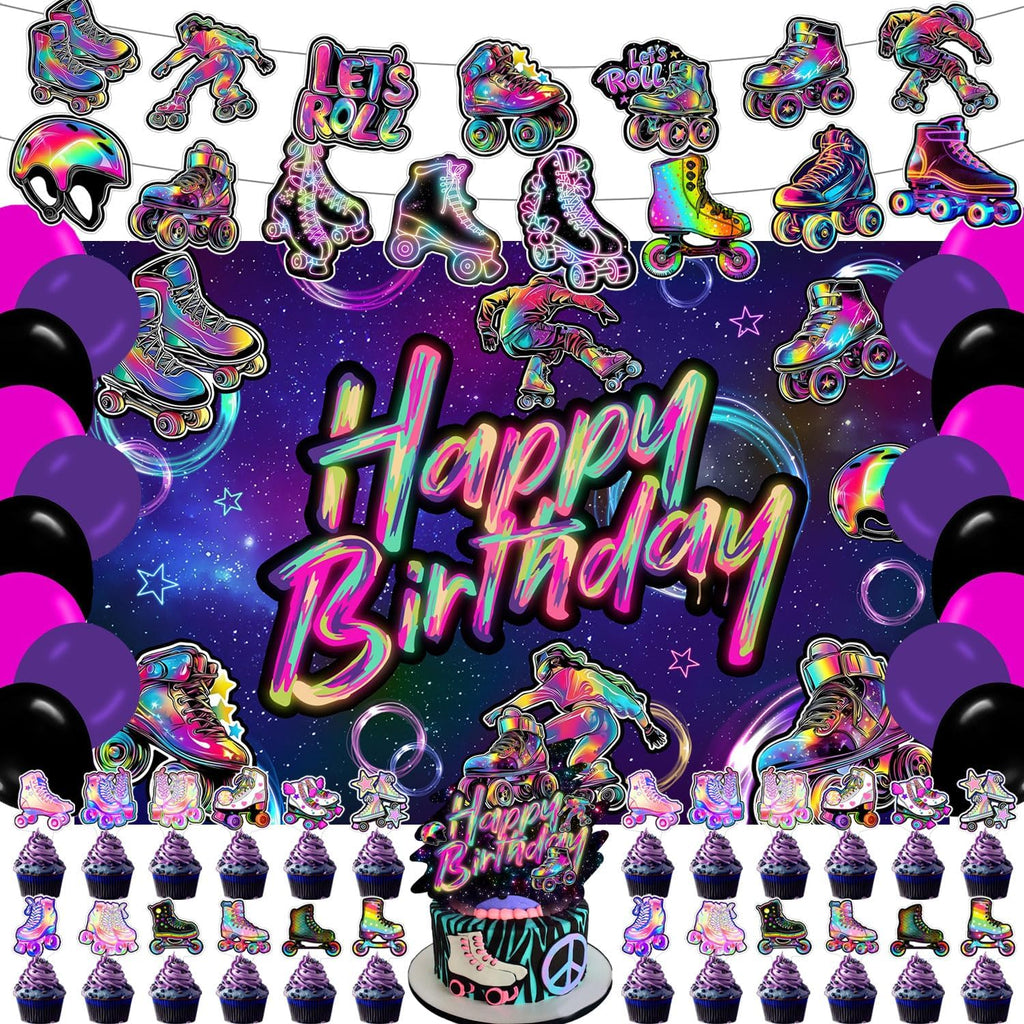 59 Pcs Roller Skating Birthday Party Supplies, Roller Skate Themed Party Decoration Backdrop Balloons Cake Cupcake Topper for Let’s Roll Themed Birthday Party Decor