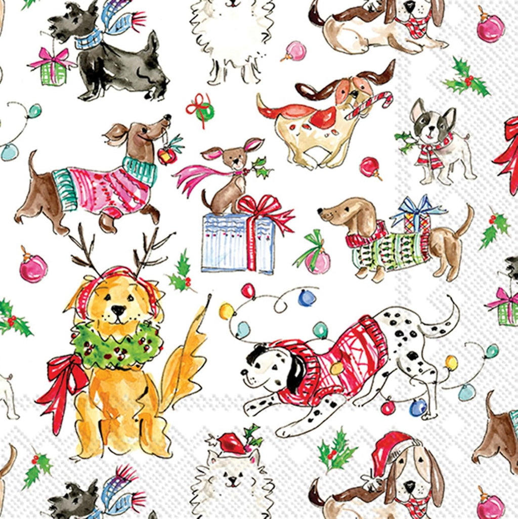 IHR Ideal Home Range Holiday Pets Napkins Rosanne Beck - Disposable 3-Ply Paper Party Napkin Pack, Cocktail Size 5" x 5", Christmas Dogs, 20-Count