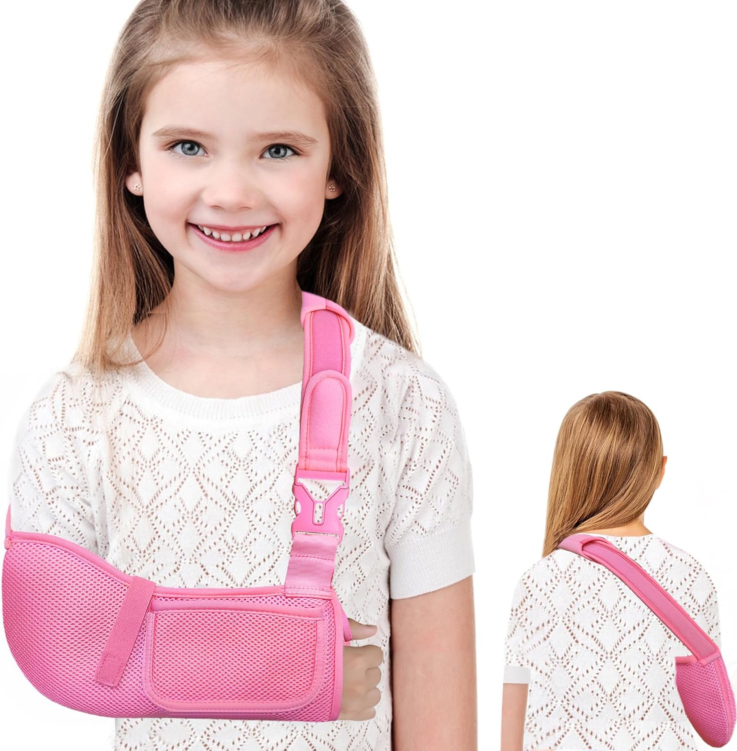 Kids Arm Sling,Mesh Medical Sling with Adjustable Shoulder Pad,Breathable Children Arm Support Shoulder Immobilizer Brace for Elbow,Wrist Injury,Torn Rotator Cuff,Post-Surgery(Pink,X-Small)