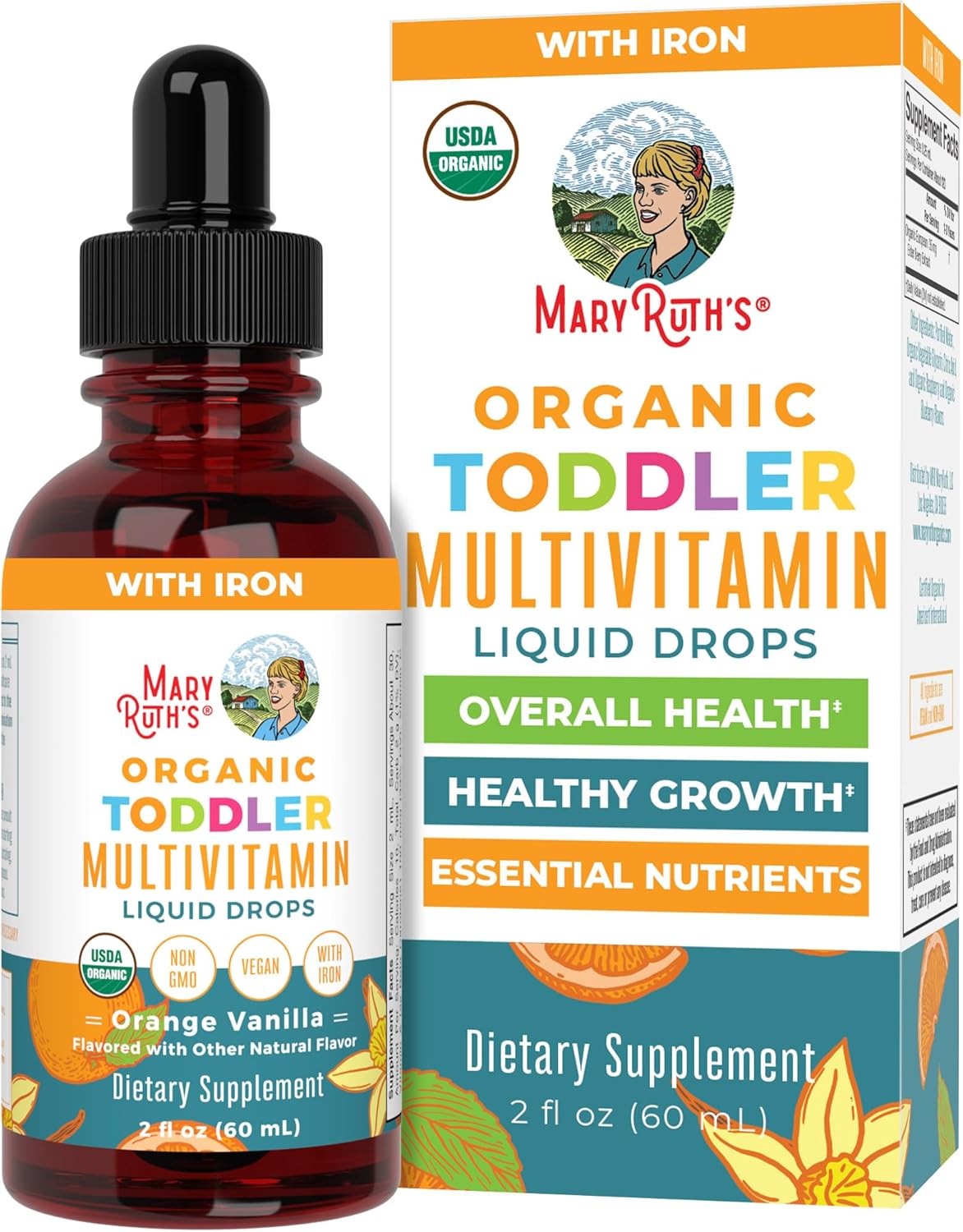 MARYRUTH'S Organics Multivitamin & Multimineral with Iron for Toddlers | USDA Organic | Sugar Free | Multivitamin Liquid Drops for Kids Ages 1-3 | Immune Support | Vegan | Non-GMO | 2 Fl Oz