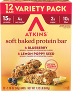 Atkins Soft Baked High Protein Bars, Lemon Poppyseed & Blueberry Flavors, 15g Protein, 4g Net Carbs, 2g Sugar, Keto Snacks, Low Sugar Protein Bars, High Fiber Snacks, 12 pk (6 bars each flavor)