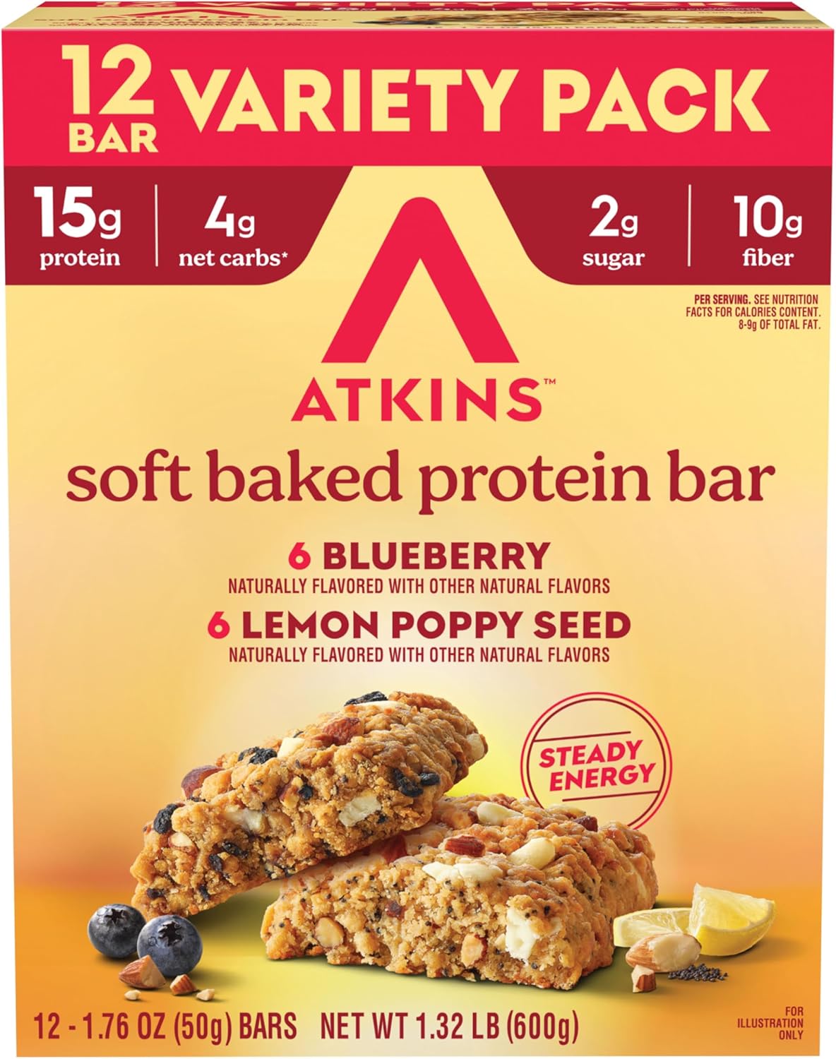 Atkins Soft Baked High Protein Bars, Lemon Poppyseed & Blueberry Flavors, 15g Protein, 4g Net Carbs, 2g Sugar, Keto Snacks, Low Sugar Protein Bars, High Fiber Snacks, 12 pk (6 bars each flavor)