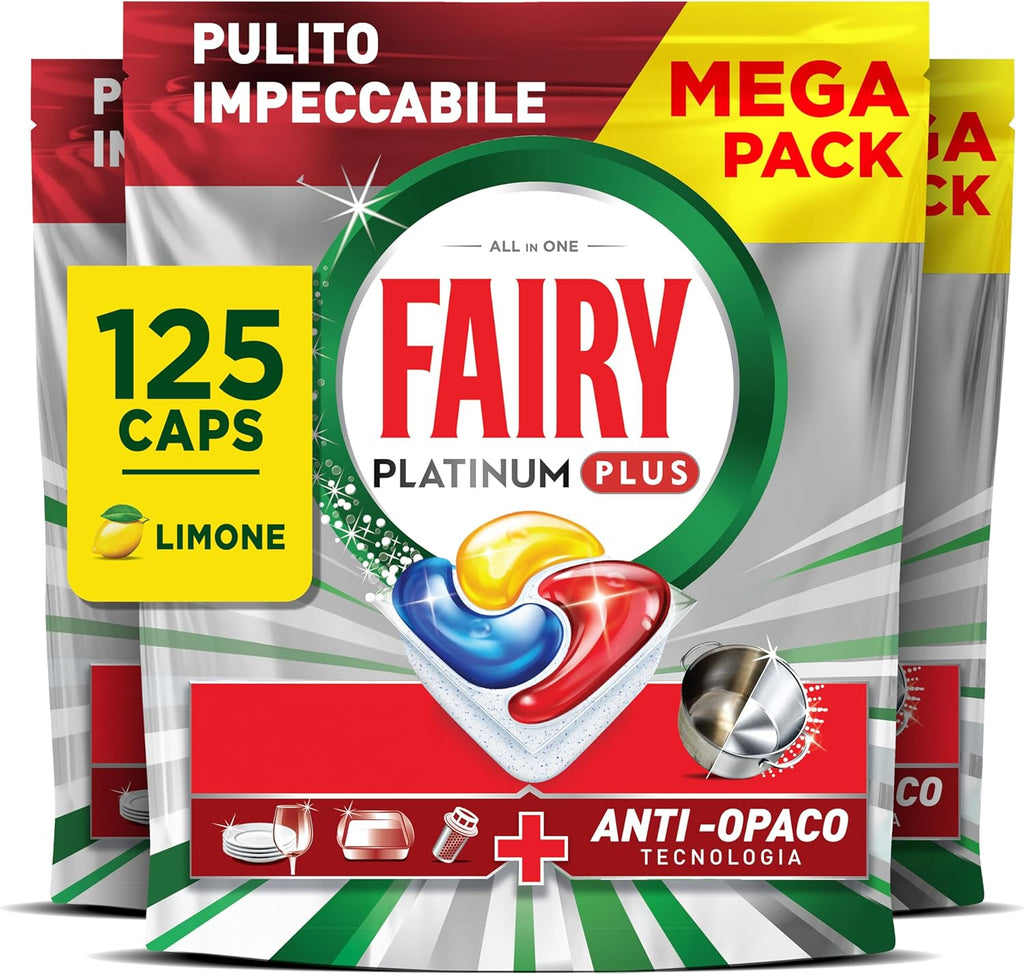 Fairy Platinum Plus Complete All-In-1 Dishwasher Tablets Bulk, 125 Tablets, Lemon, With Anti-Dull Technology & Rinse Aid Action, Effective In Short Cycles