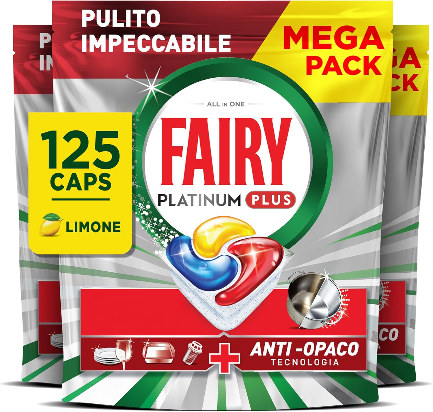 Fairy Platinum Plus Complete All-In-1 Dishwasher Tablets Bulk, 125 Tablets, Lemon, With Anti-Dull Technology & Rinse Aid Action, Effective In Short Cycles