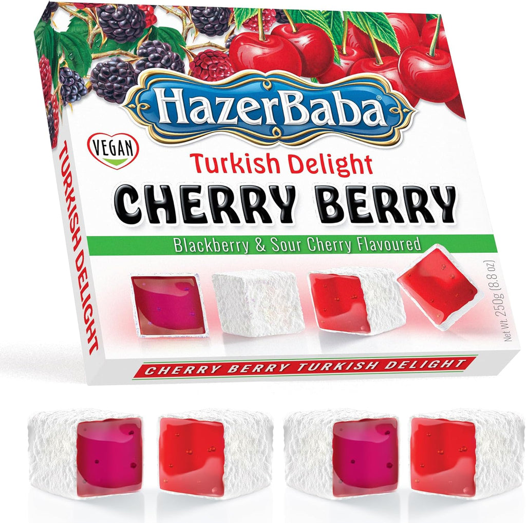 Hazer Baba Turkish Delight Candy, Blackberry & Sour Cherry Flavored, 8.8oz (Pack of 1), Gourmet Snack Box, Traditional, Vegan Snack, Turkish Lokum, Sweets, Loukumi, Delicias Turcas, Halal, Kosher