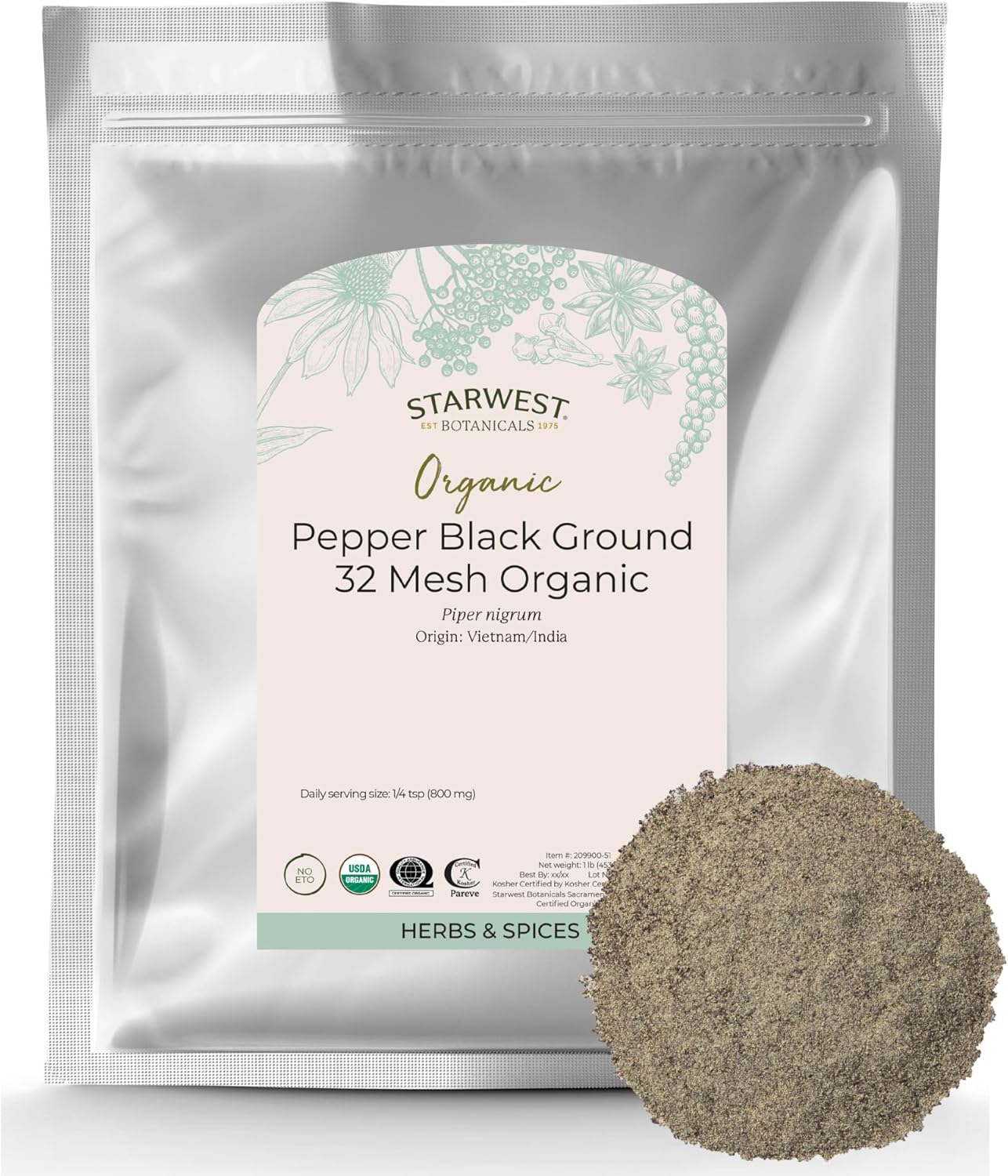 Starwest Botanicals Organic Medium Grind Black Pepper - Ground Black Peppercorns for Shaker Refills, Sourced from India & Vietnam, Certified Kosher, Non-GMO - Bulk 1 lb Bag