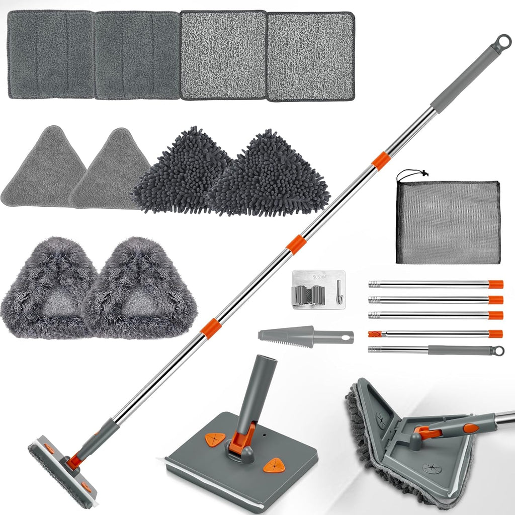 Wall & Base Board Cleaner Tool with 360°Rotating Mop Head, 180°Folding Design for Effortless Baseboards/Ceilings/Wall Cleaning - Adjustable Long Handle Multi-Surface Scrubber & Duster