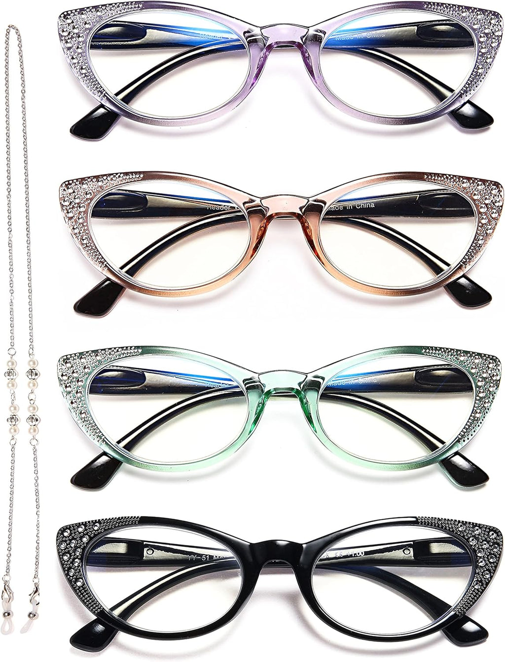 EYEURL Cat Eye Reading Glasses for Women - Blue Light Blocking 4 Pack Ladies Fashion Readers with Flexible Spring Hinges, Anti-Glare&UV Rays +2.75 Eyeglasses, Black/Brown/Green/Purple