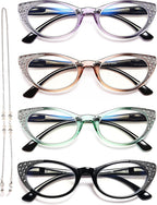 EYEURL Cat Eye Reading Glasses for Women - Blue Light Blocking 4 Pack Ladies Fashion Readers with Flexible Spring Hinges, Anti-Glare&UV Rays +1.50 Eyeglasses, Black/Brown/Green/Purple