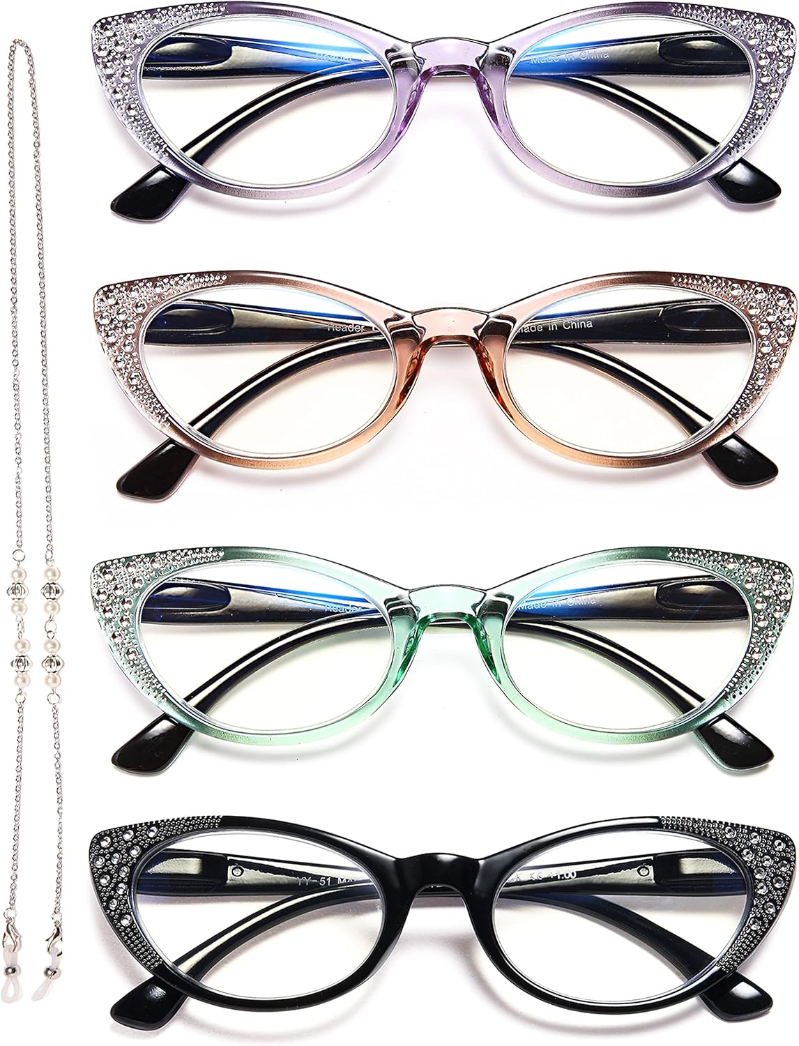 EYEURL Cat Eye Reading Glasses for Women - Blue Light Blocking 4 Pack Ladies Fashion Readers with Flexible Spring Hinges, Anti-Glare&UV Rays +1.50 Eyeglasses, Black/Brown/Green/Purple