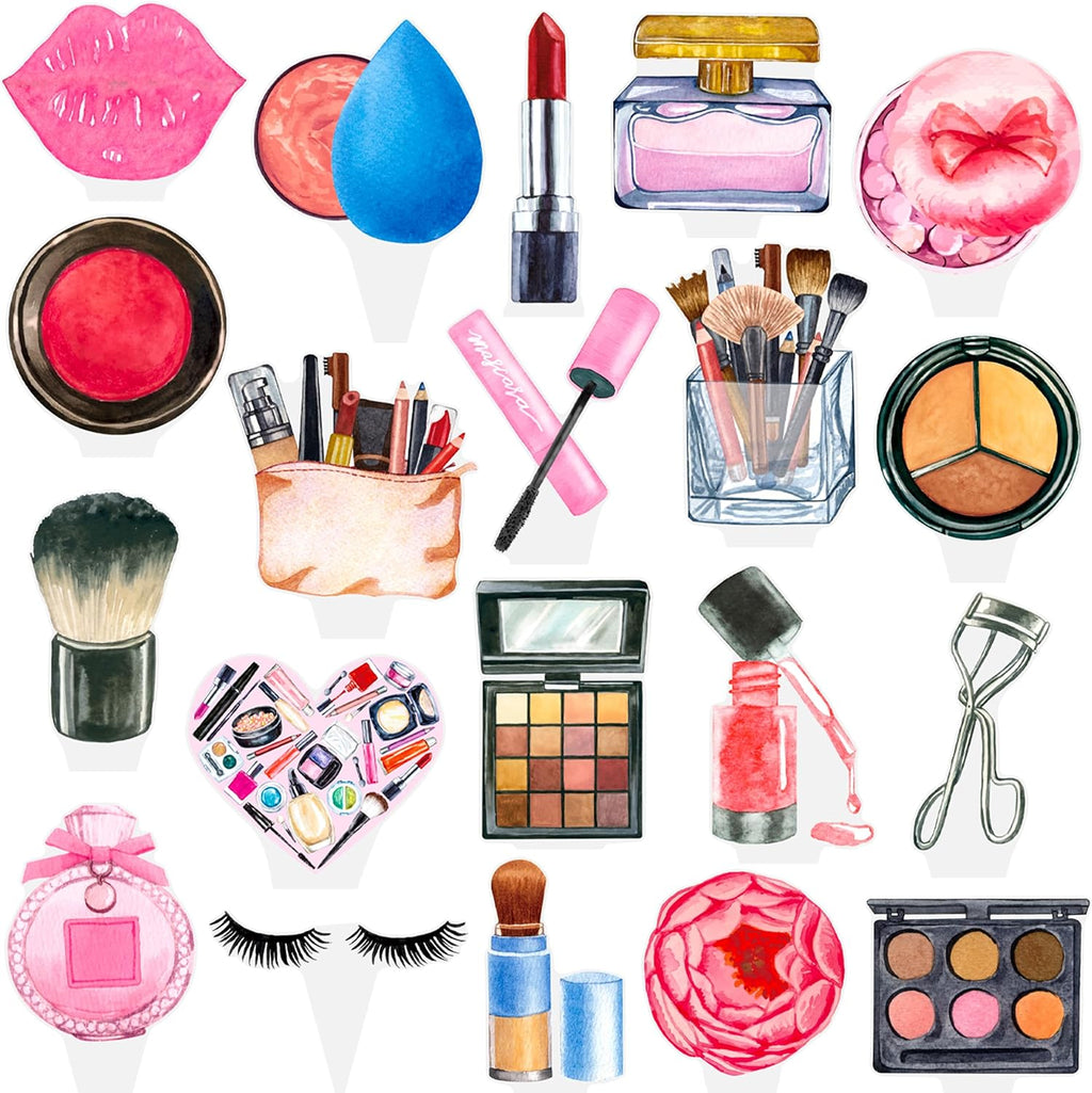 48Pcs Makeup Cupcake Toppers Spa Makeup Birthday Party Decorations Cosmetics Lipstick Eyelashes Perfume Theme Cupcake Picks Decorations for Girls Women Birthday Party Party Bridal Shower Supplies