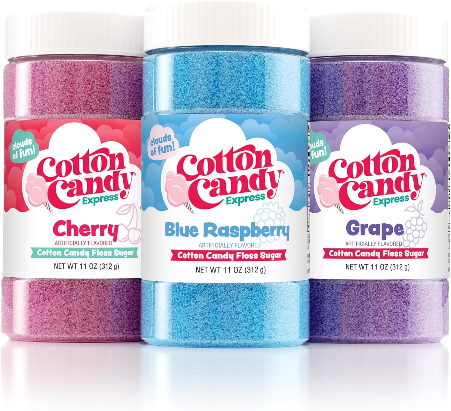 Cotton Candy Express Floss Sugar Variety Pack with 3 - 11oz Plastic Jars of Cherry, Blue Raspberry & Grape Flossing Sugars. Use With Cotton Candy Express Countertop Machine