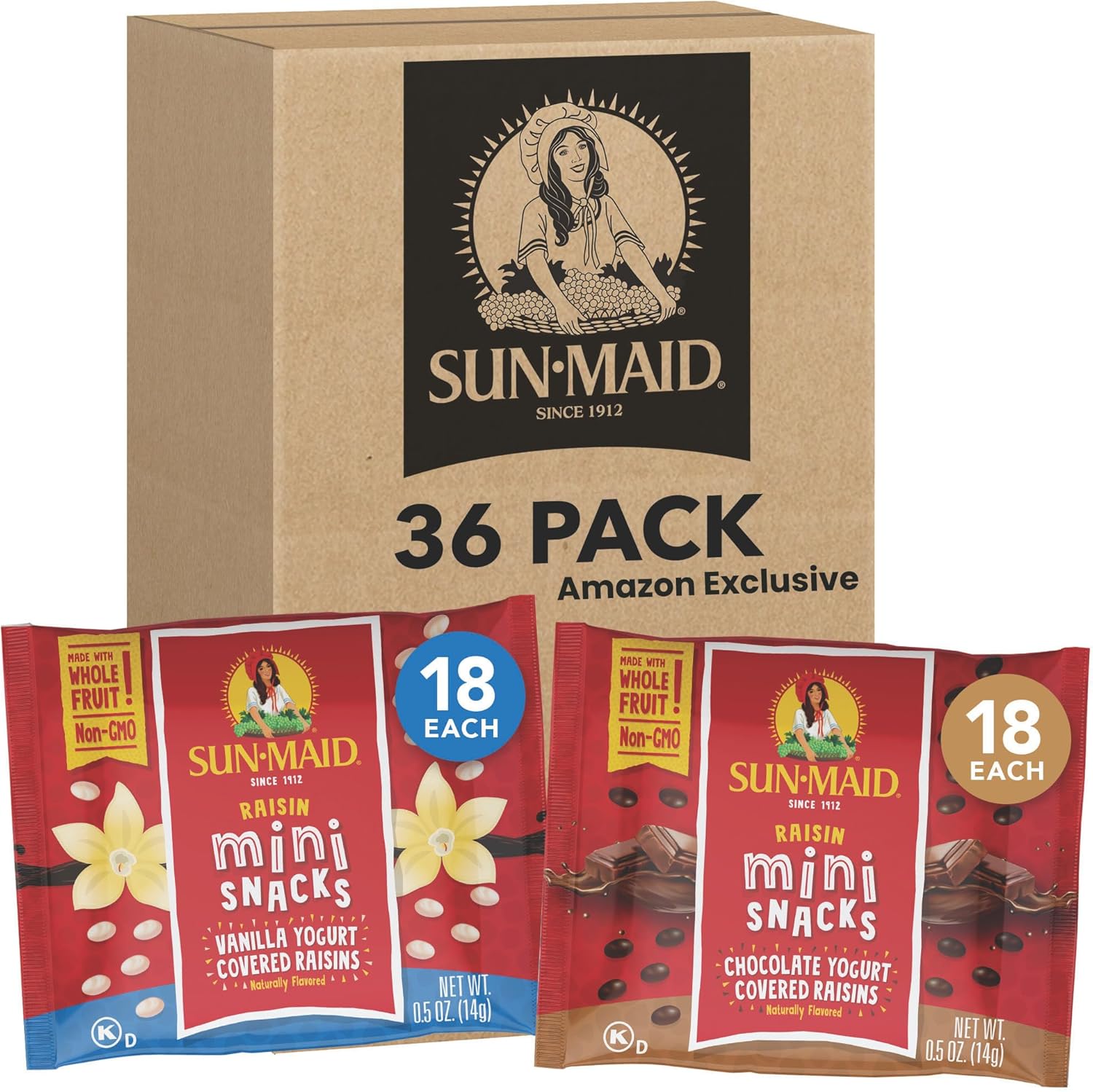 Sun-Maid Vanilla & Chocolate Yogurt Coated Raisins Variety Pack - (36 Pack) 0.5 oz Mini Snack-Size Bag - Yogurt Covered Dried Fruit Snacks (Amazon Exclusive)