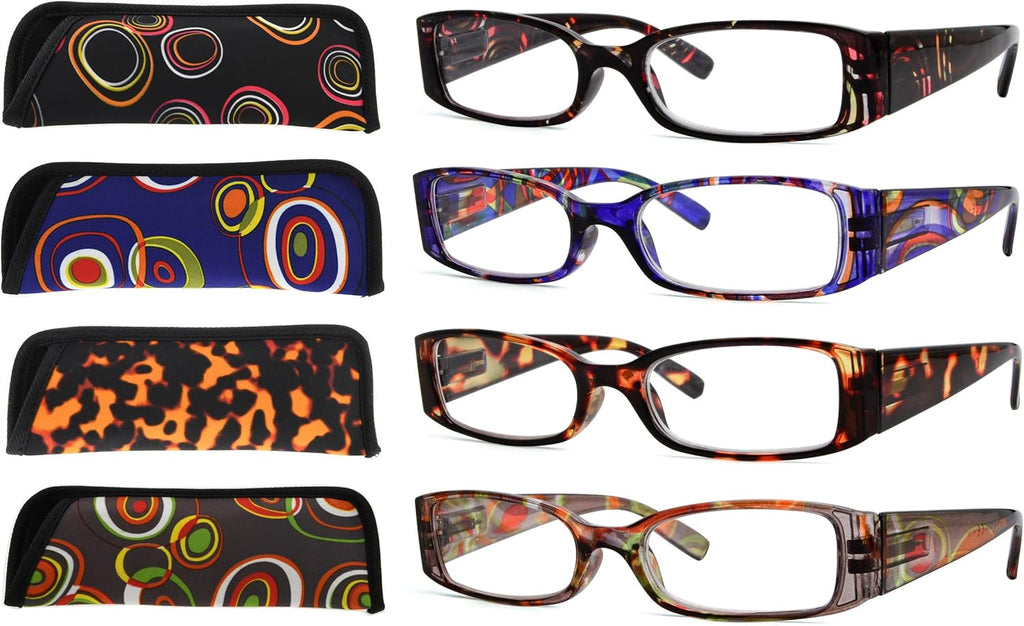 Eyekepper 4-Pack Beautiful Colors Spring Hinge Rectangular Reading Glasses +1.25