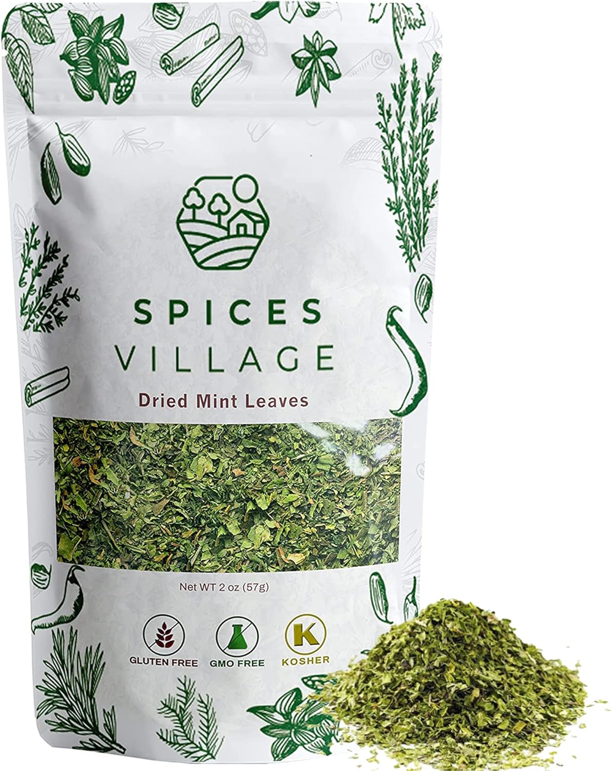 Spices Village Mint Leaves, 2 Oz - Fresh Dried Spearmint Herbs, Crushed Mint Spice Great for Loose Leaf Tea, Dry Mint Powder, Cut and Sifted - Kosher, Gluten Free, Non GMO, Resealable Bulk Bag