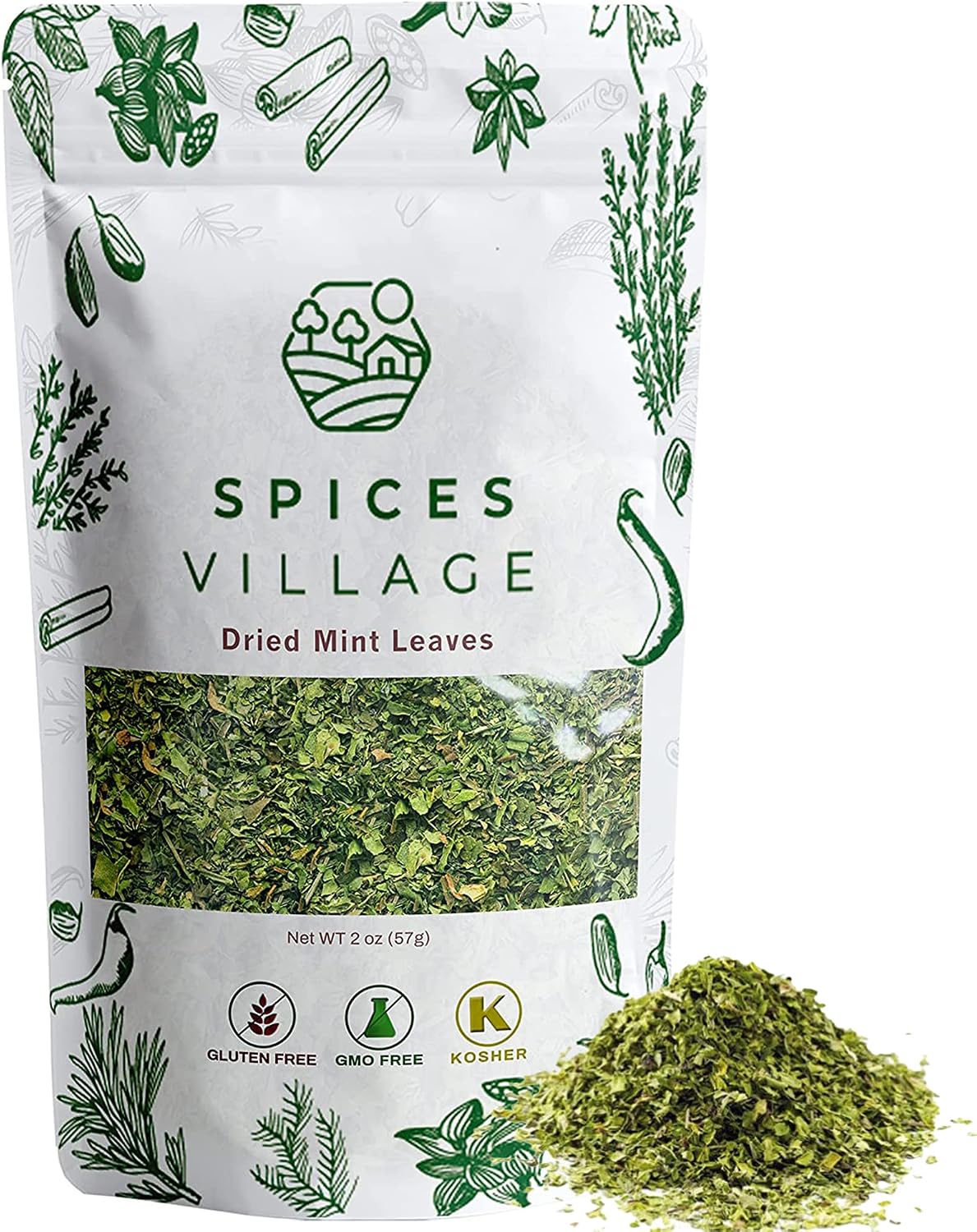 Spices Village Dried Mint for Cooking, Mint Spice Great for Loose Leaf Tea, 2 oz, Dried Mint Seasoning,- Kosher, Gluten Free, Non GMO, Resealable Bulk Bag