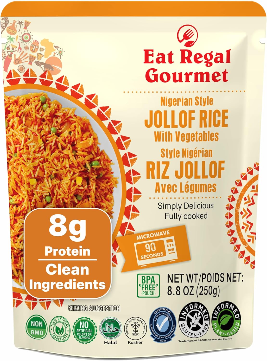 Eat Regal Nigerian Style Jollof Rice with Vegetables, Pack of 6, 8.8 oz, Gluten-Free, Kosher, Halal, Non-GMO, Ready in 90 Seconds