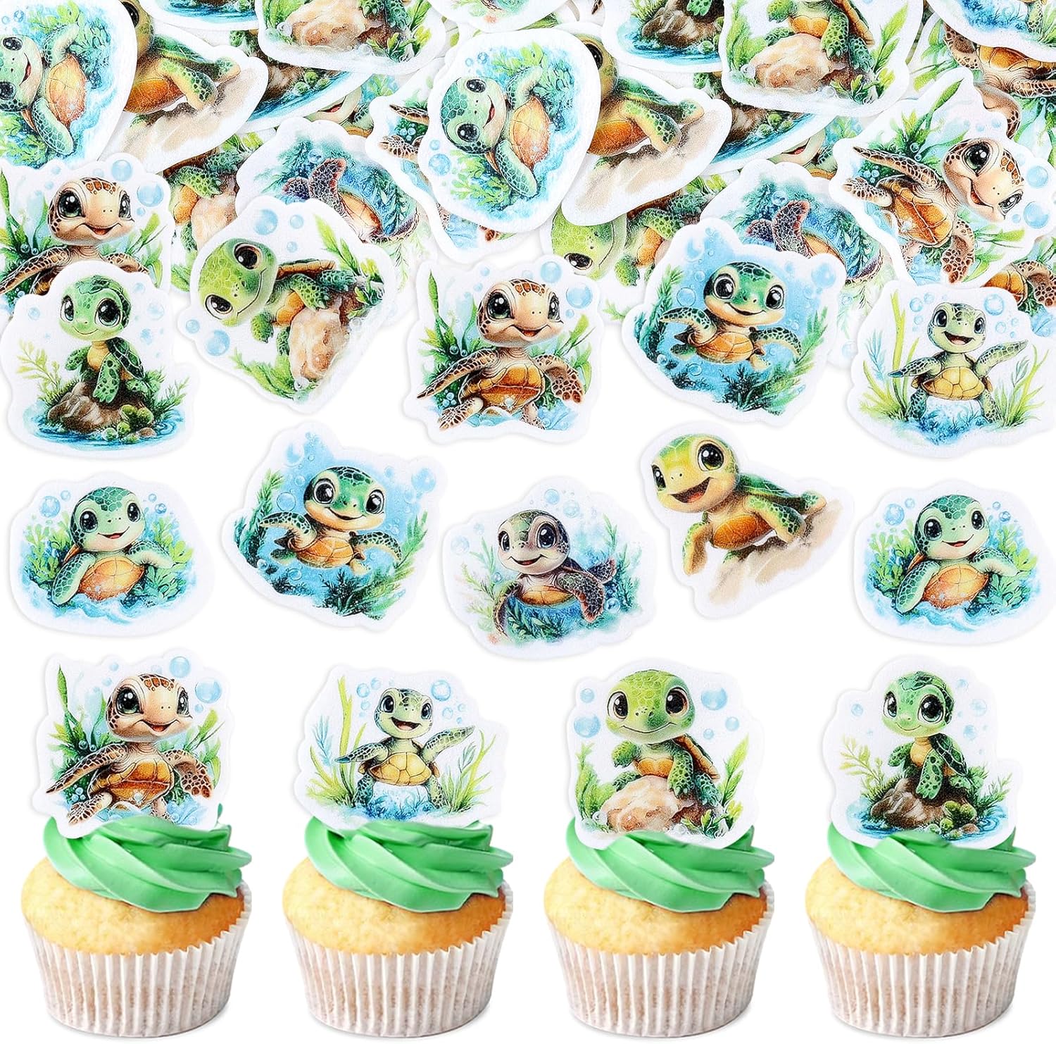 40Pcs Edible Sea Turtles Cupcake Toppers Cute Turtle Baby Cupcake Picks for Sea Animal Baby Shower Boys Girls Birthday Cake Decorations Underwater World Party Cupcake Decorations