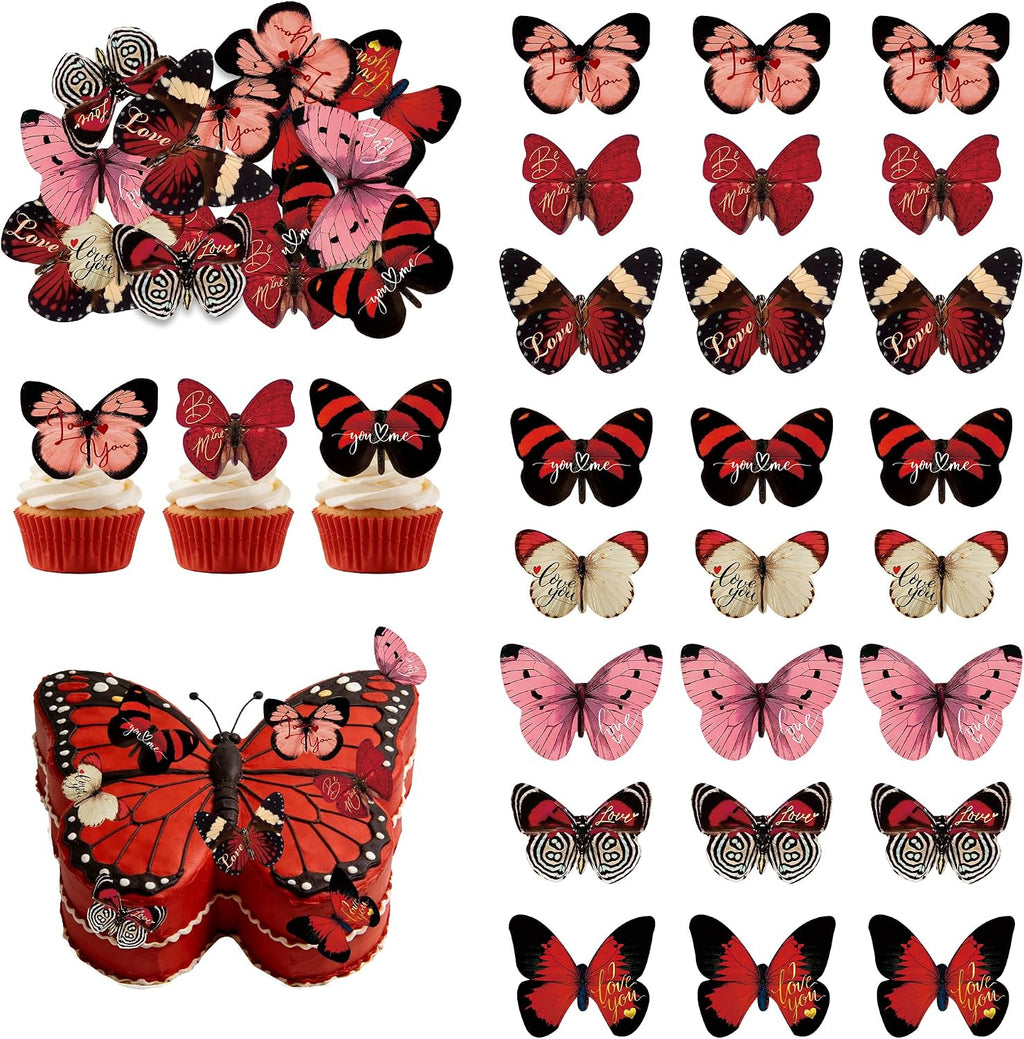 72Pcs Edible Edible Valentine’s Day Cupcake Toppers Butterflies Cupcake Picks Happy Valentine's Day Cake Decor for Valentine's Day Theme Party Decoration Supplies