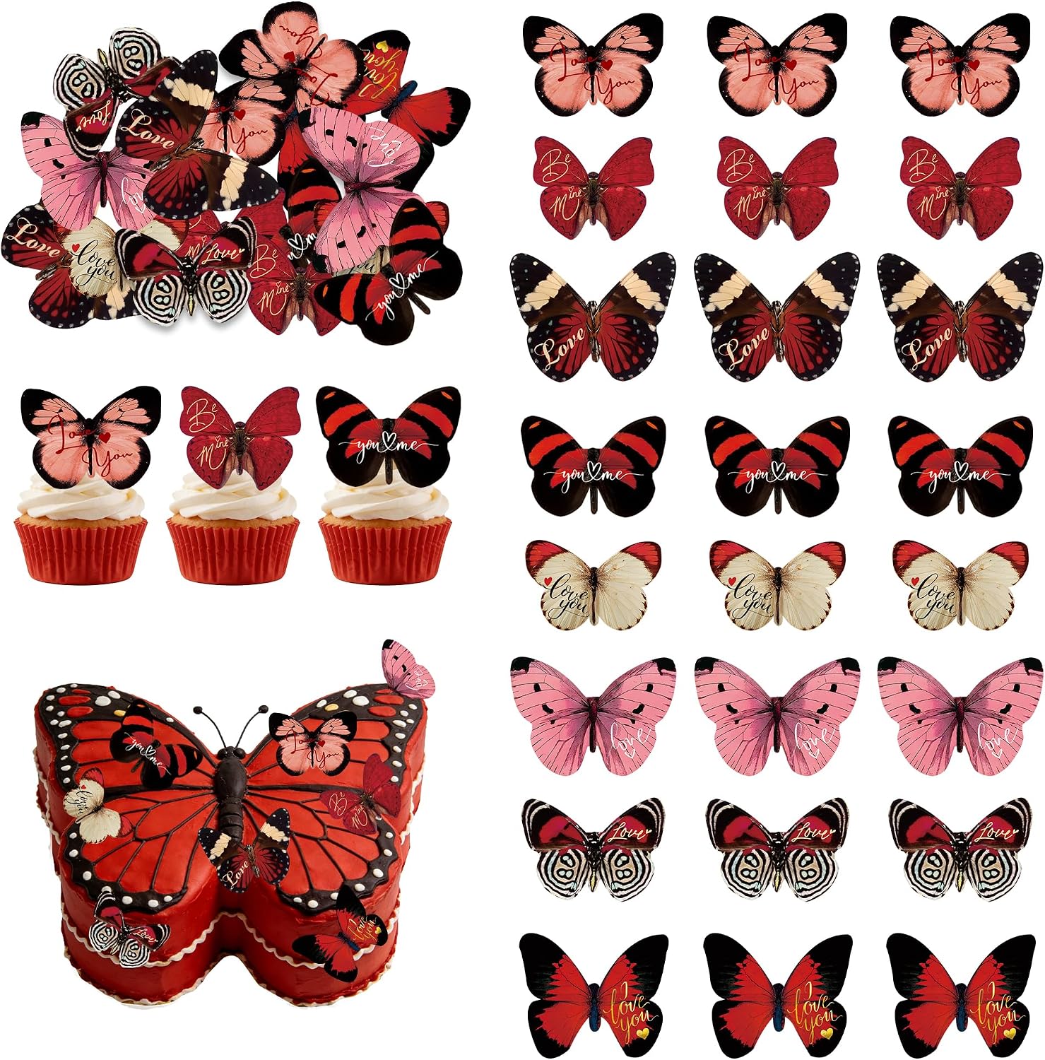 72Pcs Edible Edible Valentine’s Day Cupcake Toppers Butterflies Cupcake Picks Happy Valentine's Day Cake Decor for Valentine's Day Theme Party Decoration Supplies