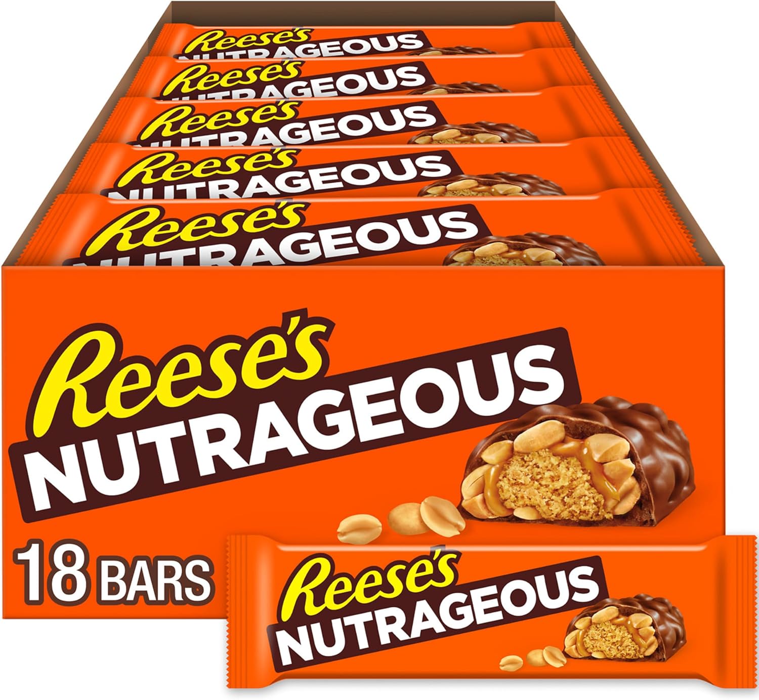 REESE'S NUTRAGEOUS Chocolate, Peanut Butter, Caramel and Peanut Candy Bars, 1.66 oz (18 Count)