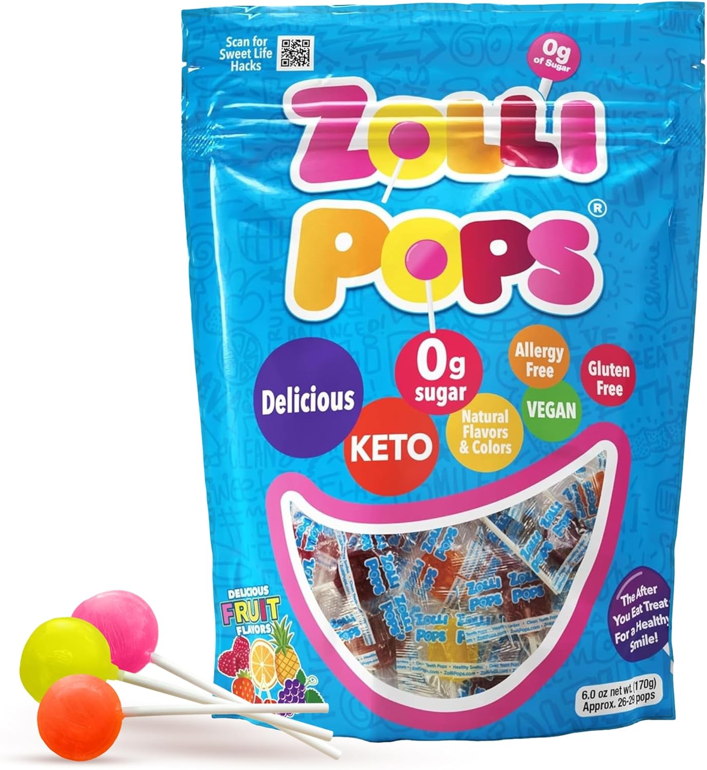 Zollipops Clean Teeth Pops Sugar Free Candy, Dye-Free Lollipops - Keto & Diabetic-Friendly, Dentist-Approved Treats for Kids (Natural Fruit Flavors, 6 oz)