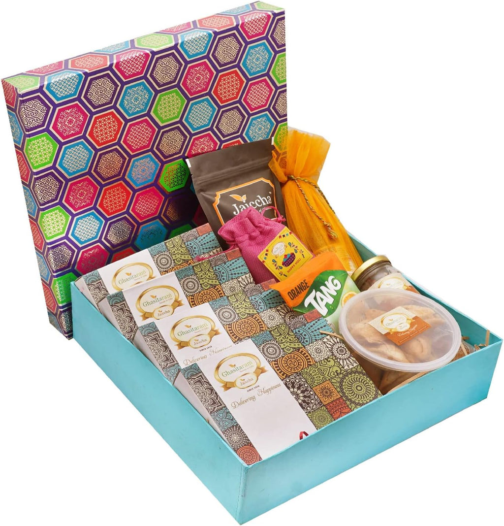 Ghasitaram Gifts Holi Sweets Holi - Sweets/Holi Hampers/Thandai Big Gourmet Hamper Box of Assorted Gujiyas, Butter Chakli, Sharbat, Thandai and Farsan Samosa