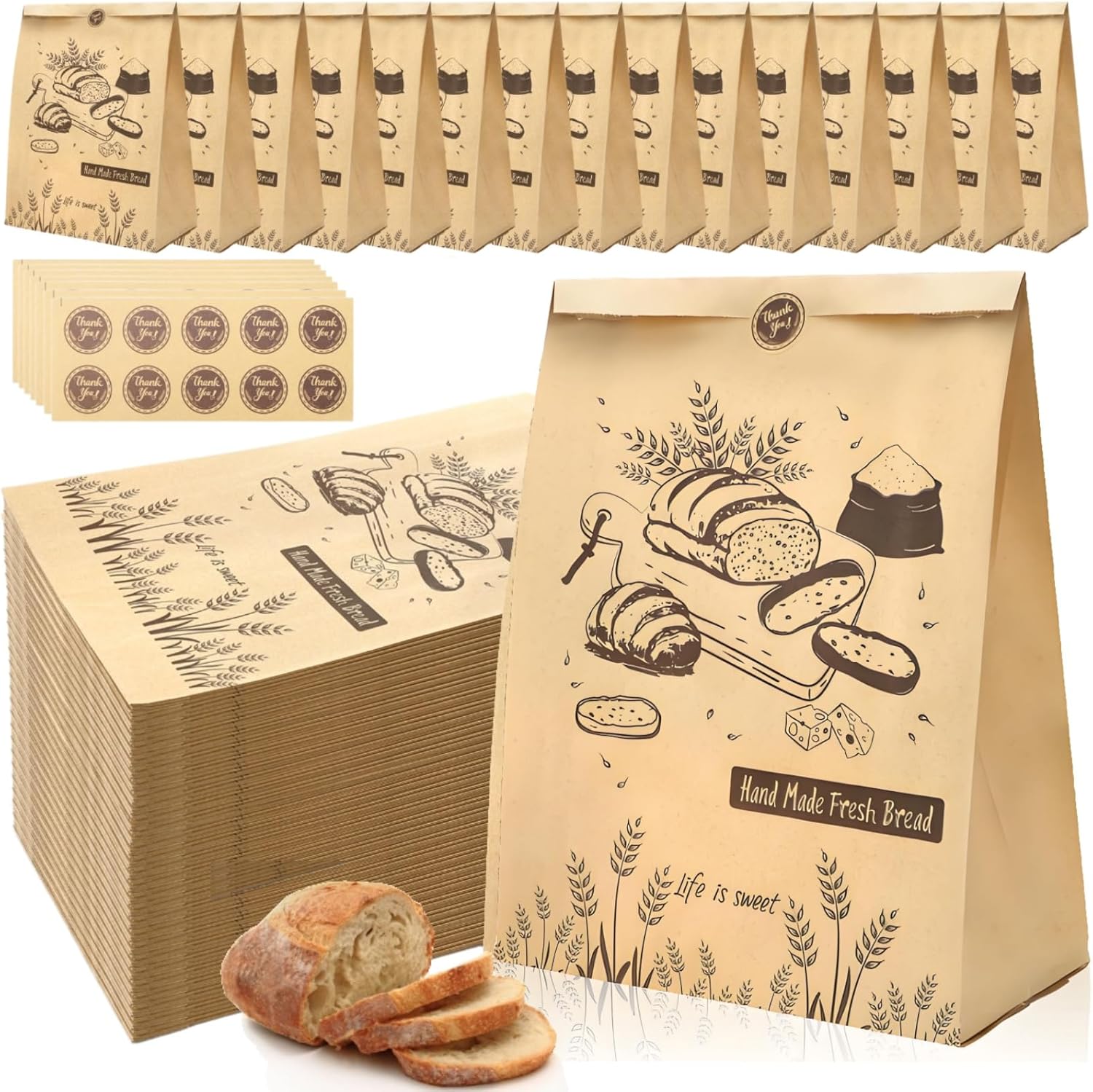 100 Pieces Paper Bread Bags for Homemade Breads, 13.7'' x 9.5'' x 3.5'' Large Kraft Sourdough Bakery Bag with 100 Stickers, Brown Food Packaging Storage Cookie Loaf Bags for Popcorn, Snack