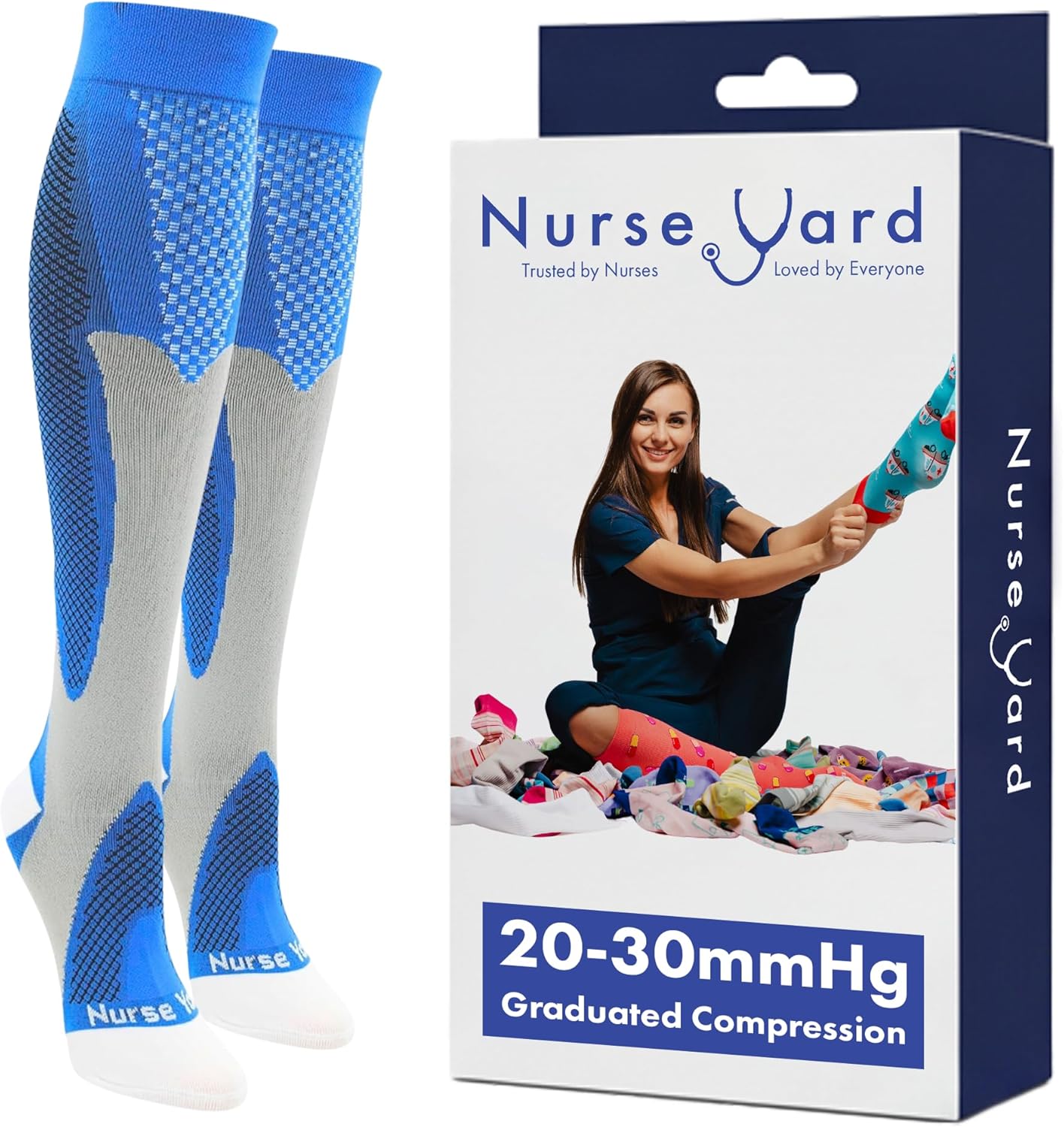 Nurse Yard Compression Socks for Women and Men | 20-30mmHg Graduated Medical Compression Socks for Nurses | Travel and Flying | Athletic Support for Running, Best Compression Socks | 1 Pair Blue