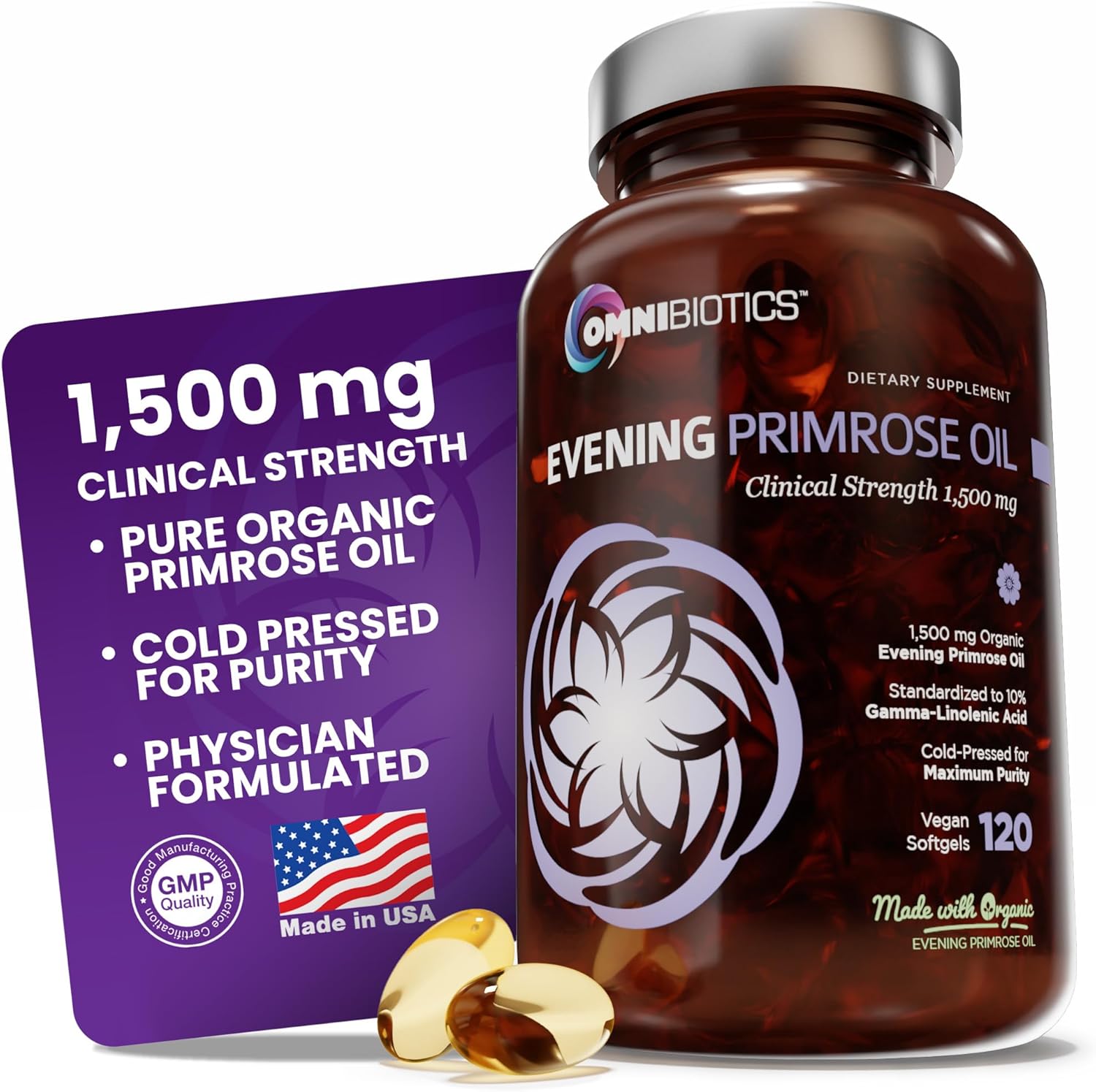 OmniBiotics Organic Evening Primrose Oil for Women – Clinical Strength 1500mg per Capsule, 10% GLA, Cold-Pressed, Non-GMO, Hormone Balance for Women – 120 Vegan Softgel Capsules