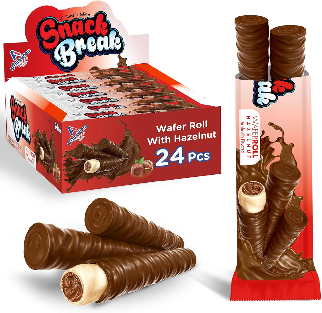 Snack Break Hazelnut Wafer Rolls, Rolled Wafer Cookies, Cocoa Coated Delicious Snack, Individually Wrapped, Crunchy Sticks for On-the-Go, Coffee, Tea, 24 Count (Pack of 1)