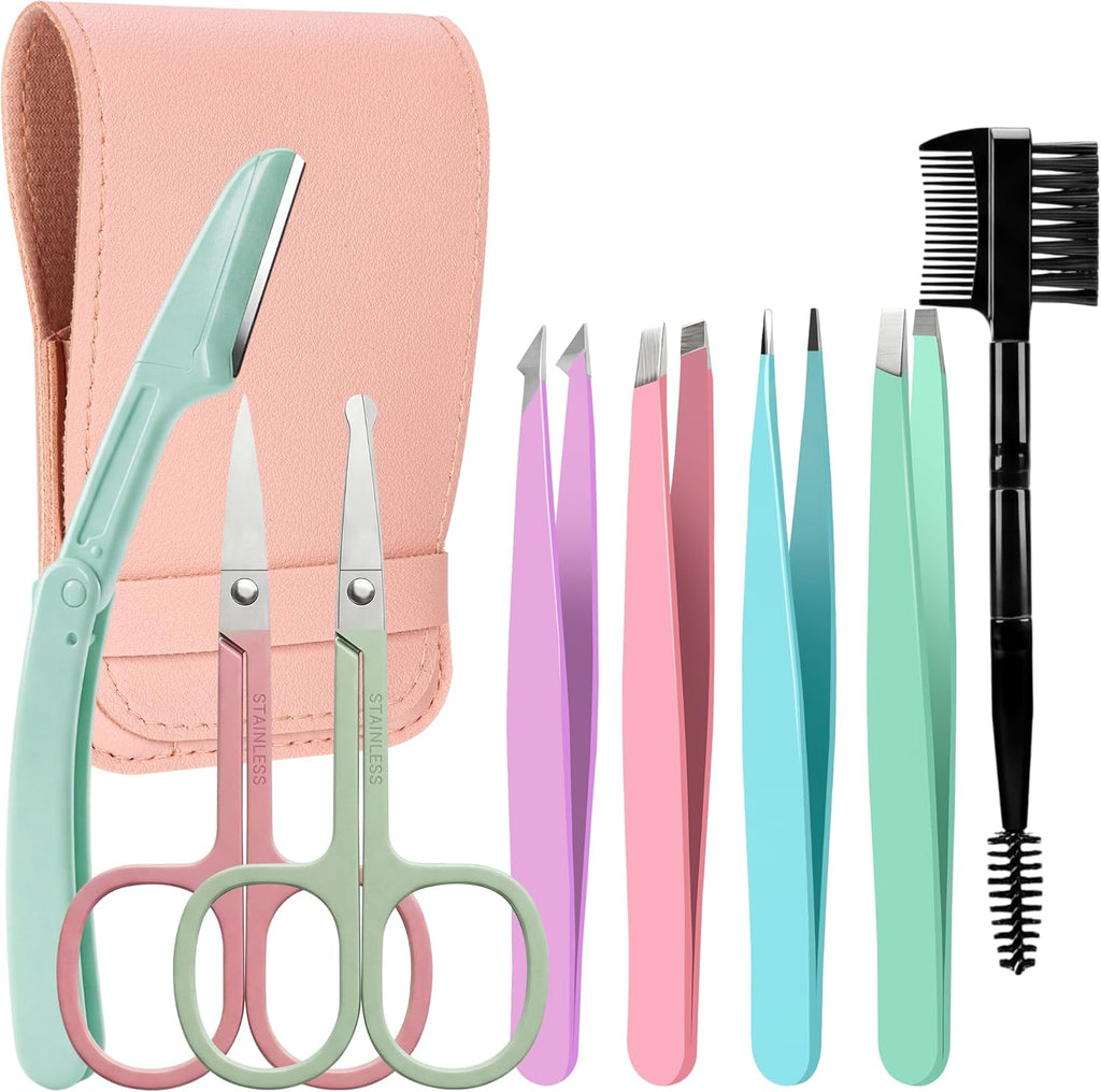 8 in 1 Tweesers for Women Facial Hair, Precison Eyebrow Kit with Tweezers Eyebrow Scissors Brush for Splinter and Ingrown Hair Removal