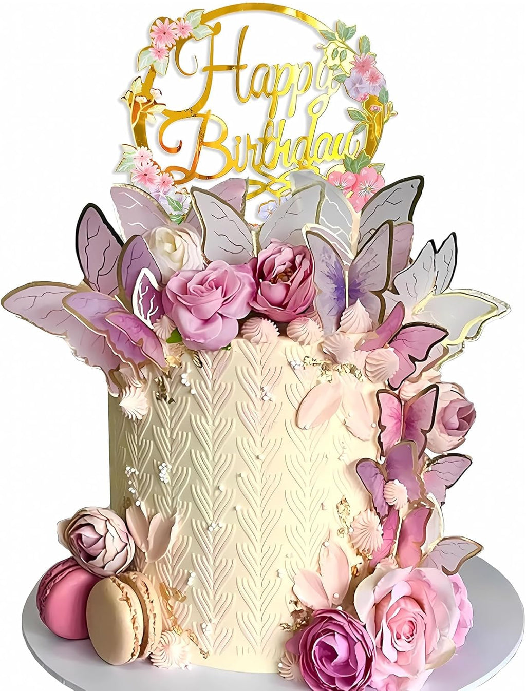 28PCS Butterfly Cake Topper Butterfly Cake Decorations with Artificial Flowers for Women Birthday Anniversary Theme Supplies (Pink Purple)