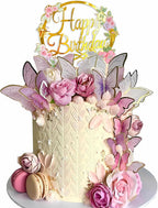 28PCS Butterfly Cake Topper Butterfly Cake Decorations with Artificial Flowers for Women Birthday Anniversary Theme Supplies (Pink Purple)
