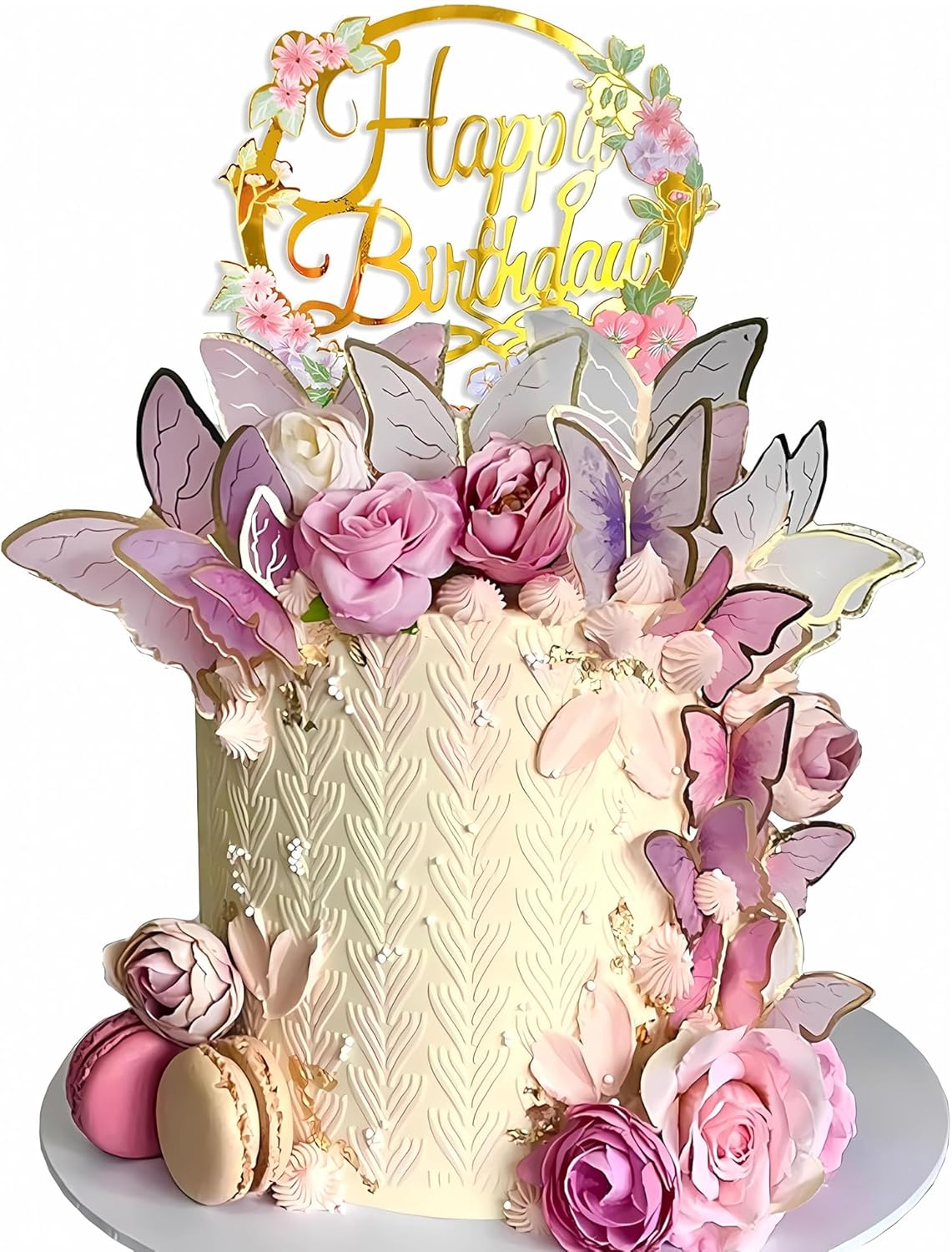 28PCS Butterfly Cake Topper Butterfly Cake Decorations with Artificial Flowers for Women Birthday Anniversary Theme Supplies (Pink Purple)