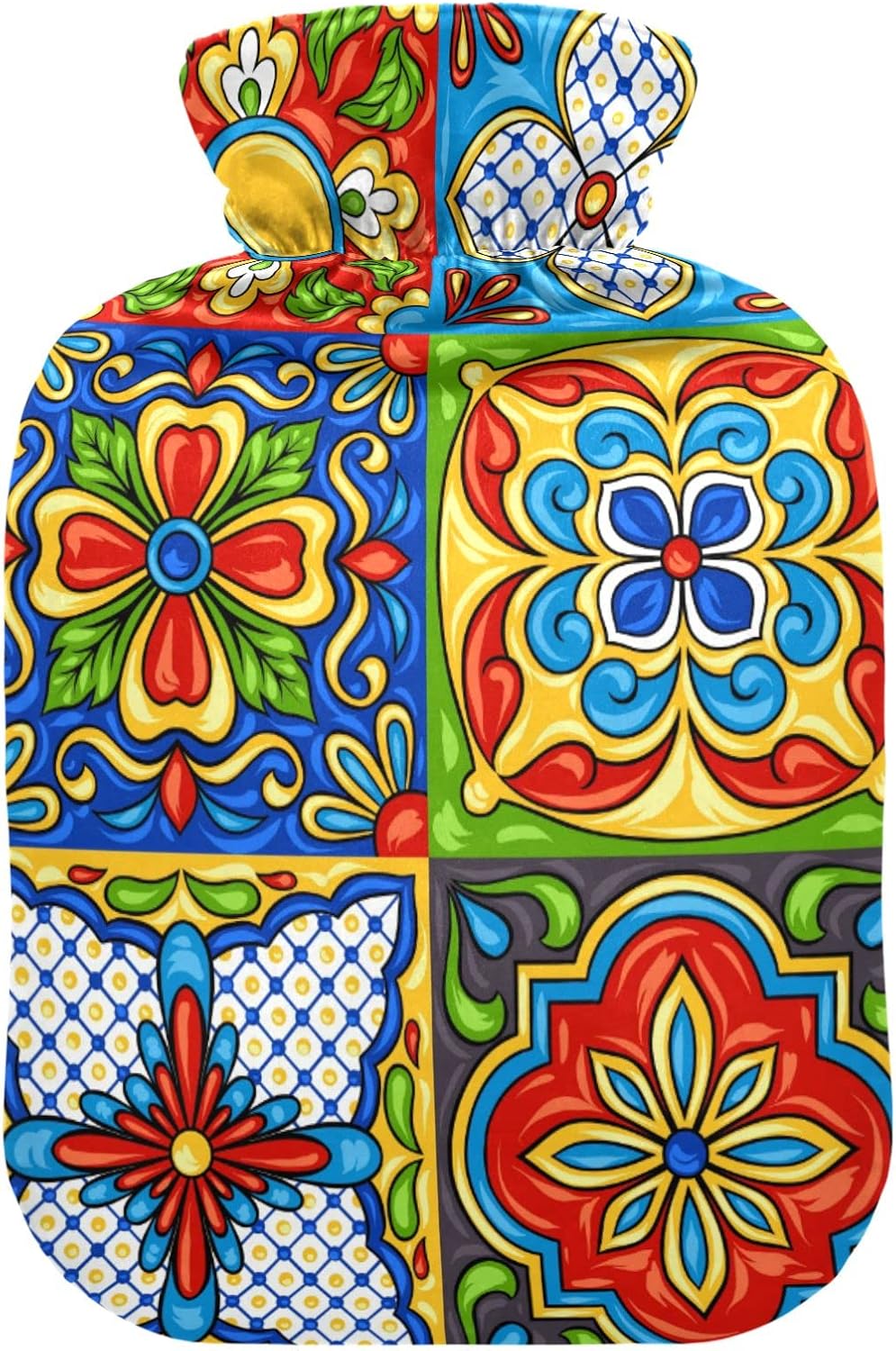 Mexican Talavera Floral Hot Water Bottle Premium Rubber Moroccan Boho Flowers Winter Hot Water Bags with Soft Velvet Cover 2 Liter