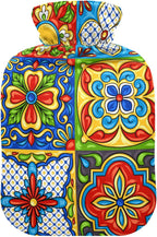 Mexican Talavera Floral Hot Water Bottle Premium Rubber Moroccan Boho Flowers Winter Hot Water Bags with Soft Velvet Cover 2 Liter