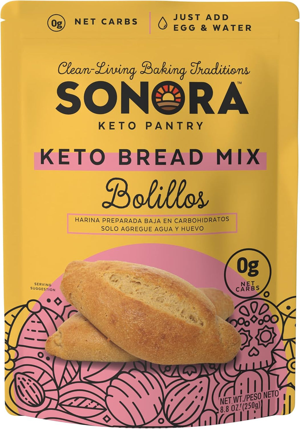 Sonora Keto Bread Mix | 0g NET CARBS | Mexican Bolillos, French Bread, Rolls & Buns | Low Carb | Bread Machine Compatible (8.8oz - Makes 8)