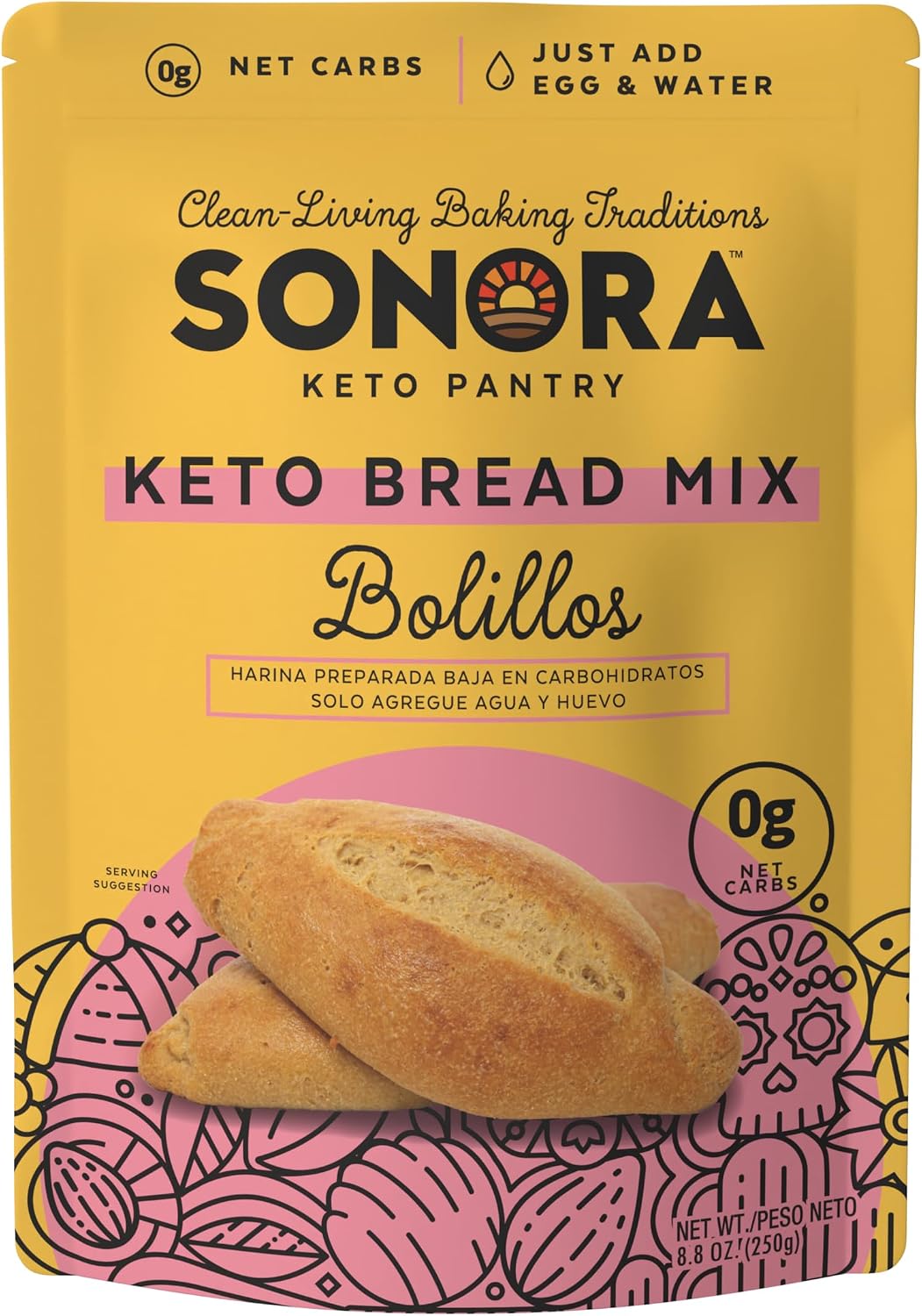 Sonora Keto Bread Mix | 0g NET CARBS | Mexican Bolillos, French Bread, Rolls & Buns | Low Carb | Bread Machine Compatible (8.8oz - Makes 8)