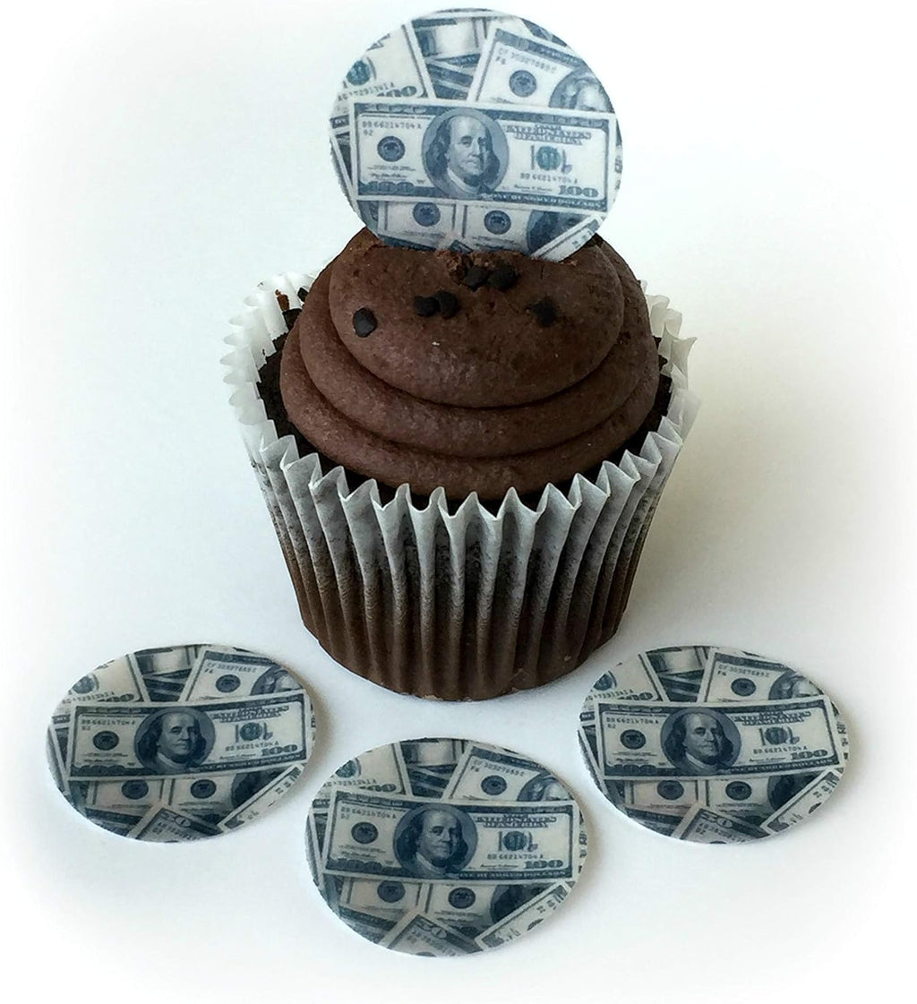 Money 100 Hundred Dollar Bills Wafer Paper Toppers 1.5 Inch for Decorating Desserts Cupcakes Birthday Cakes Cookies Pack of 24