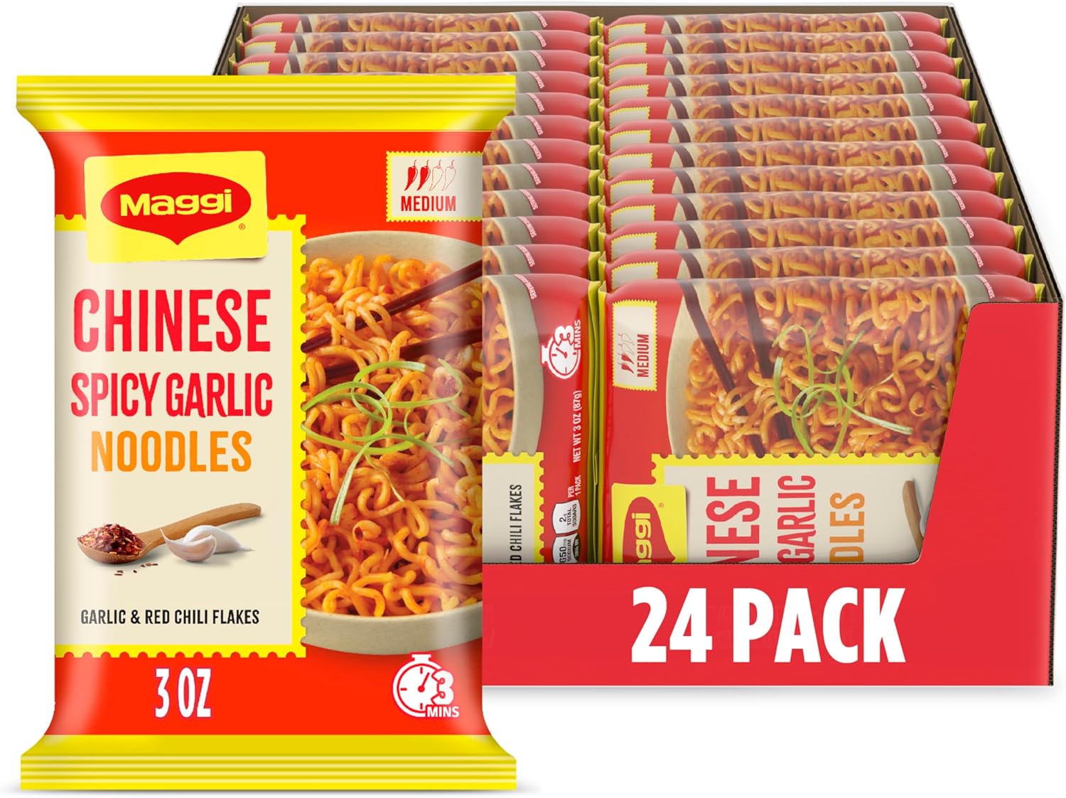 Maggi Chinese Spicy Garlic Noodles, Instant Ramen Noodles, 3 min, Vegetarian, Halal, Kosher, 24-Pack